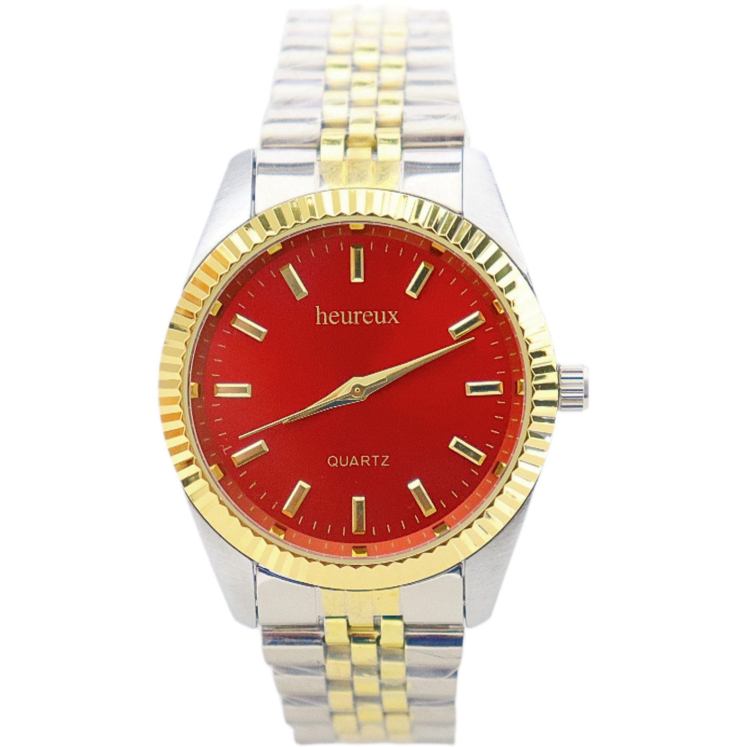 Rötting Design Quarzuhr Herrenuhr Quarz aus der Collection "heureux" goldfarbene Lünette, rotes Ziffernblatt