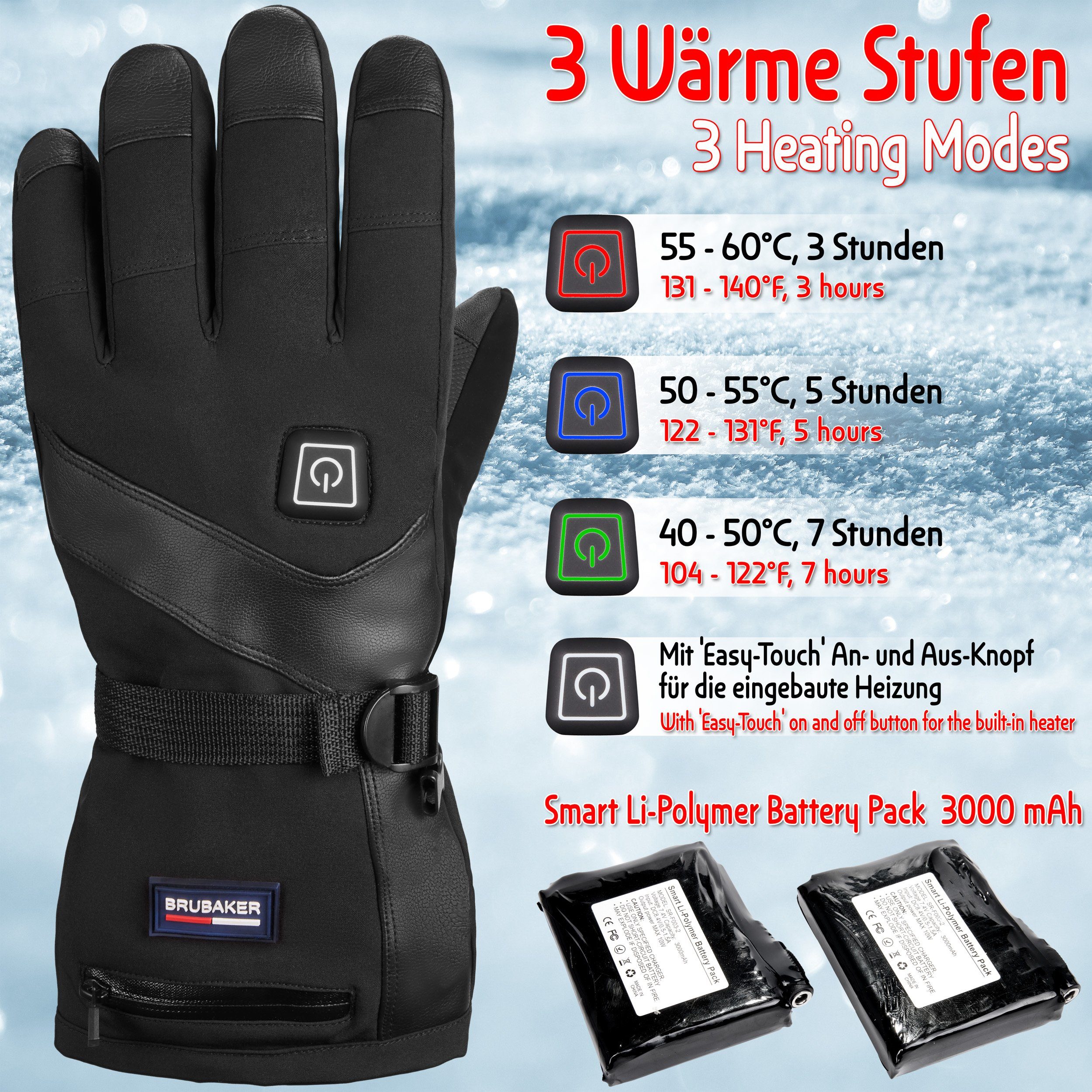 BRUBAKER Skihandschuhe Beheizbare Thermo Handschuhe mit Akku (1-St., mit Reißverschluss-Tasche) 3 Stufen Temperaturregler Wasserdicht und Winddicht – Winterhandschuhe