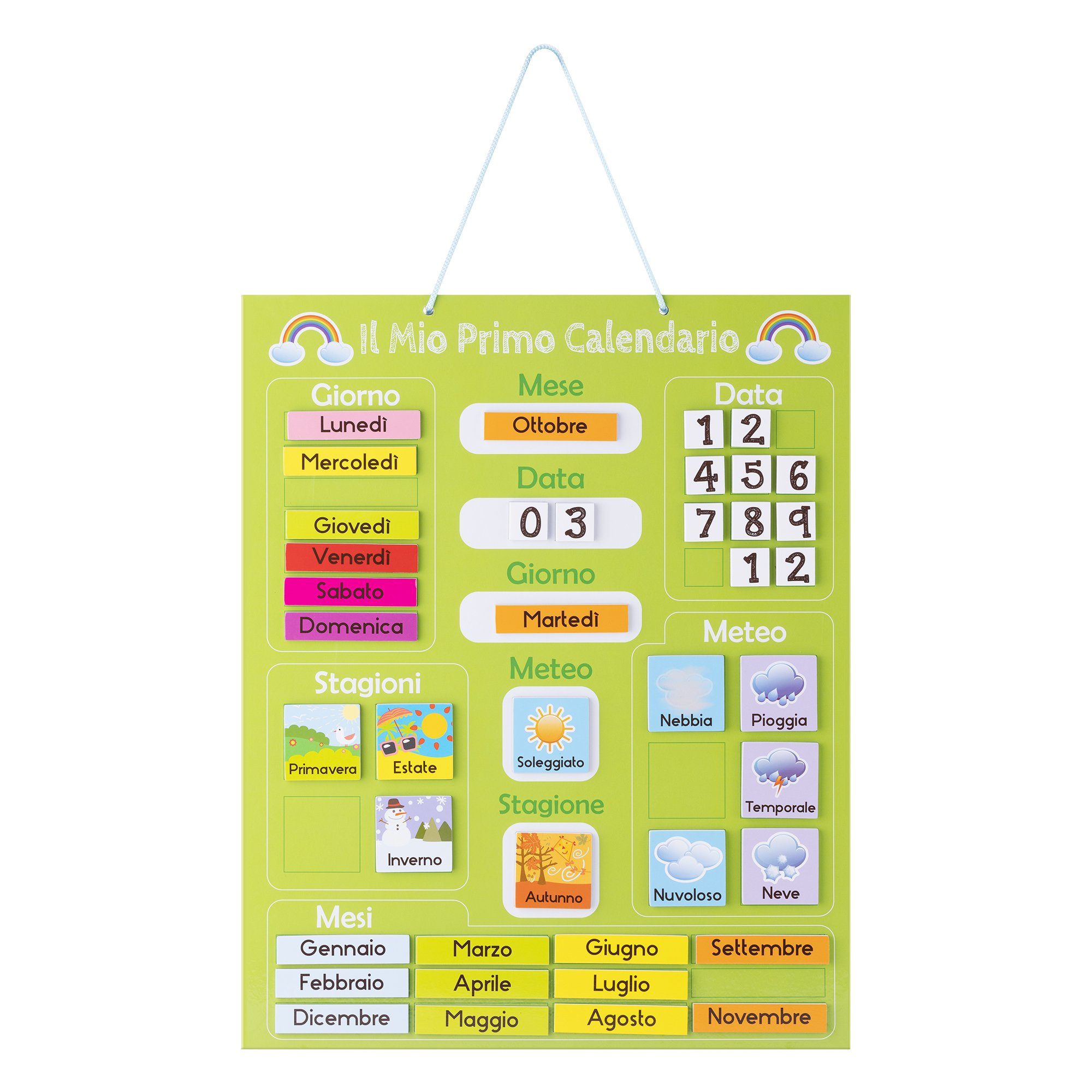 Magnettafel Kinderkalender - Lerntafel Uhr/Jahreszeiten - Grün - Italienisch