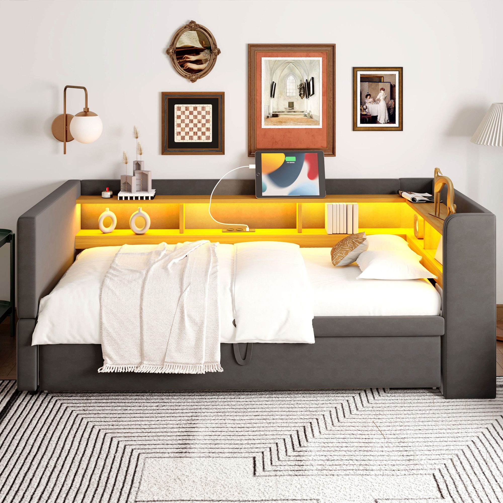 HAUSS SPOLE Schlafsofa 90/180x190cm ausziehbares Daybett mit LED Leuchten, günstig online kaufen