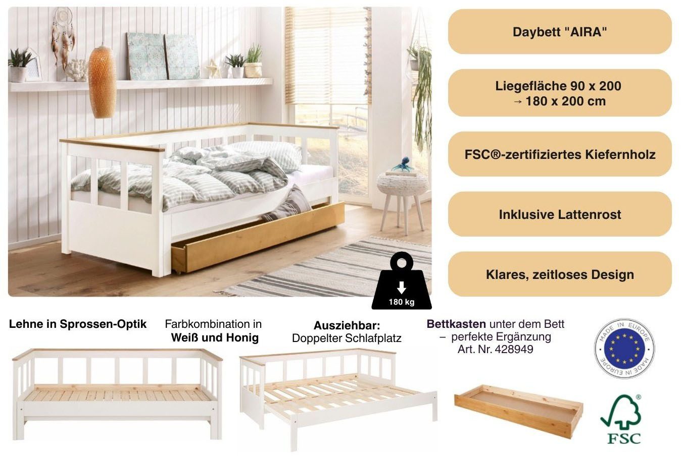 OTTO home Daybett "AIRA" Kinderbett, Gästebett, Skandi- Design, Schublade optional, mit ausziehbarer Liegefläche, ideal fürs Jugend- oder Gästezimmer