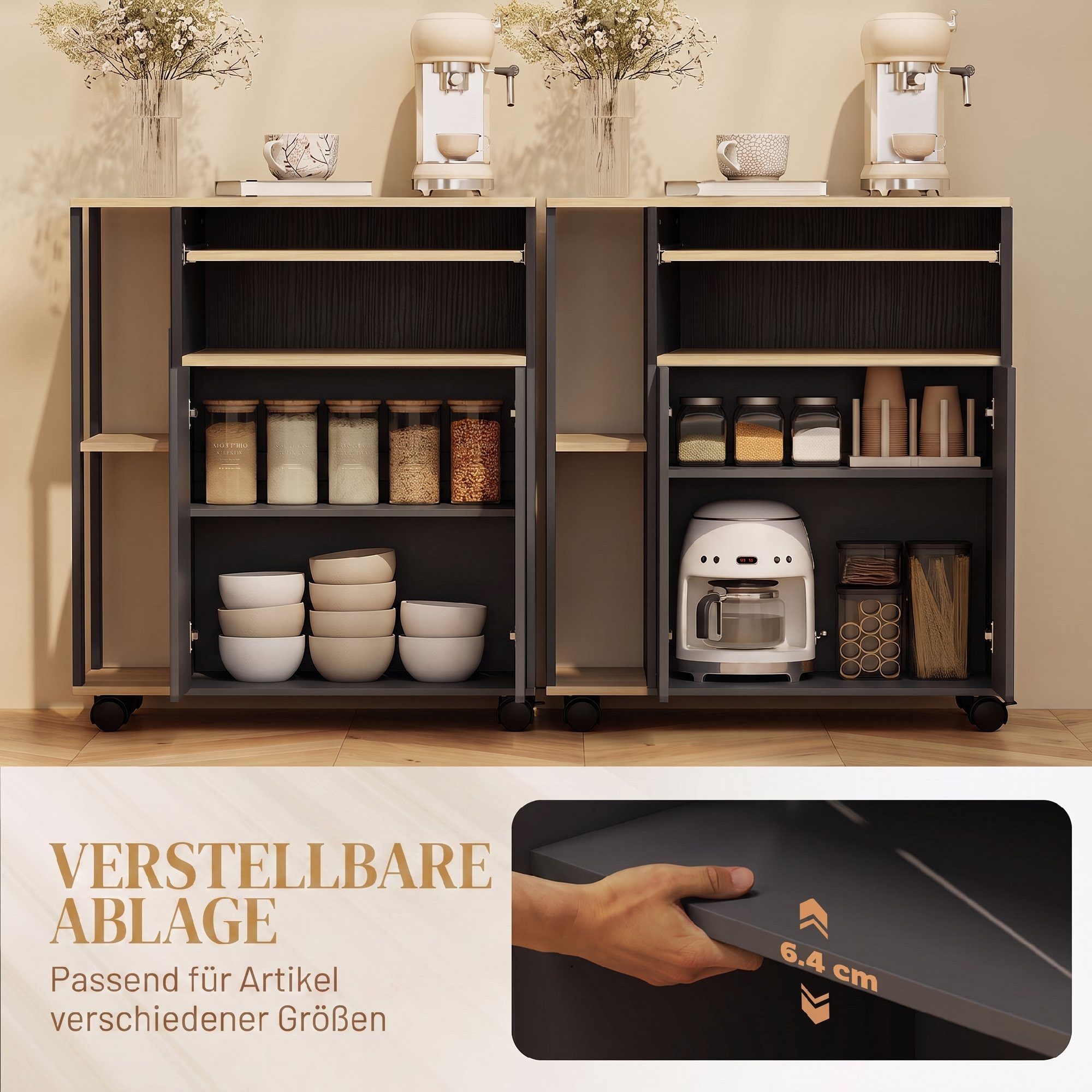 HOMCOM Küchenwagen Servierwagen Küchenregal mit Rollen, Griff, (Set, 1 St., 1), für Küche Bad Büro Wohnzimmer Schwarz – Bild 5 von 5