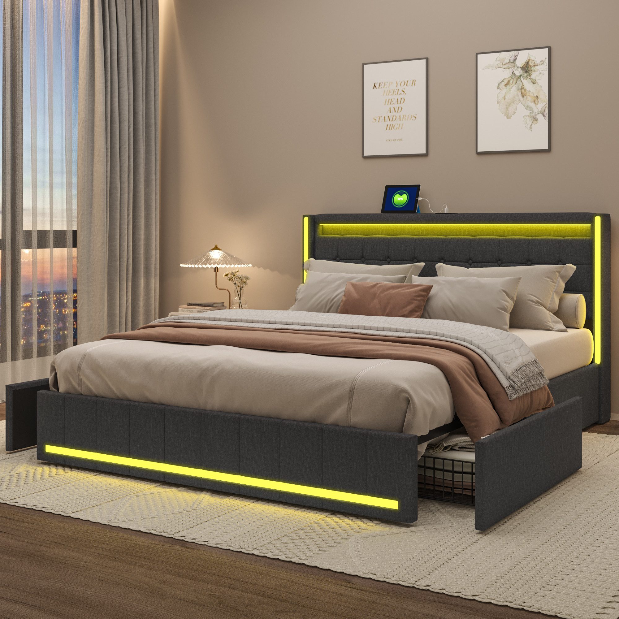NMonet Polsterbett Doppelbett Stauraumbett (Geeignet für Jugendliche und Kinder), mit LED-Beleuchtung und USB/Type-C Anschlüssen, Leinen, 160x200cm