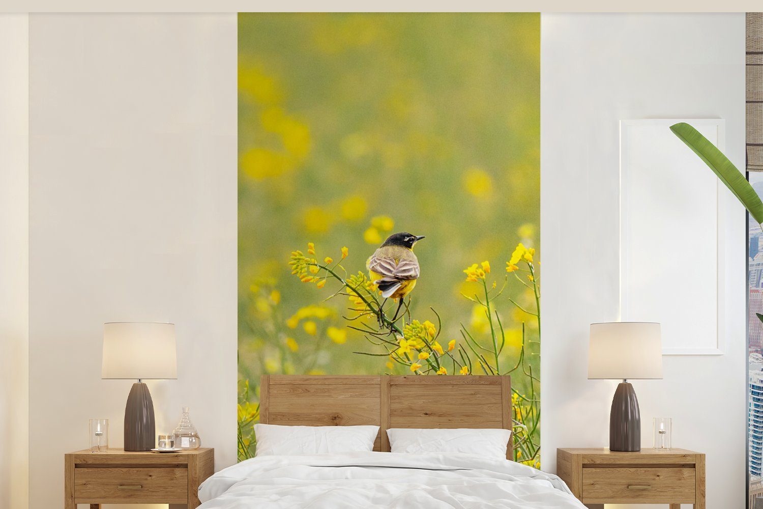 - Gelb, St), Wohnzimmer Vogel (2 für Blumen Vliestapete bedruckt, Fototapete Küche, - MuchoWow Schlafzimmer Matt, Fototapete