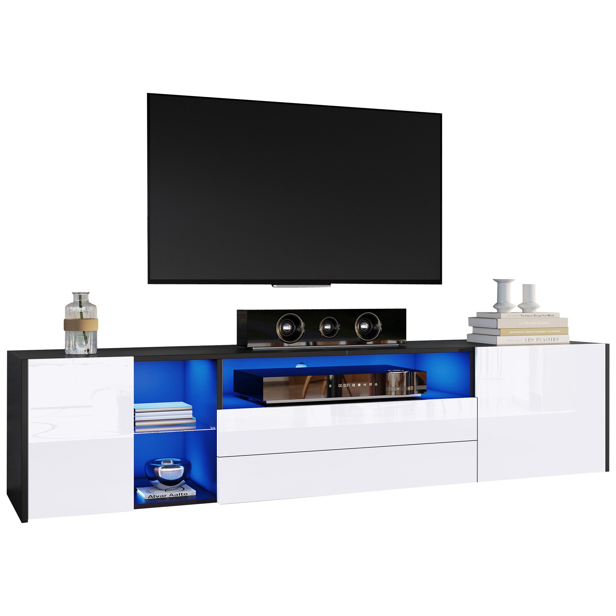 Merax Lowboard mit LED-Beleuchtung und Hochglanzfront (180 x 40 x 45 cm, 1 St., TV-Standschrank mit App-gesteuerter Beleuchtung), TV-Schrank Fernsehschrank mit 2 Schubladen,2 Schränken und Glasablage