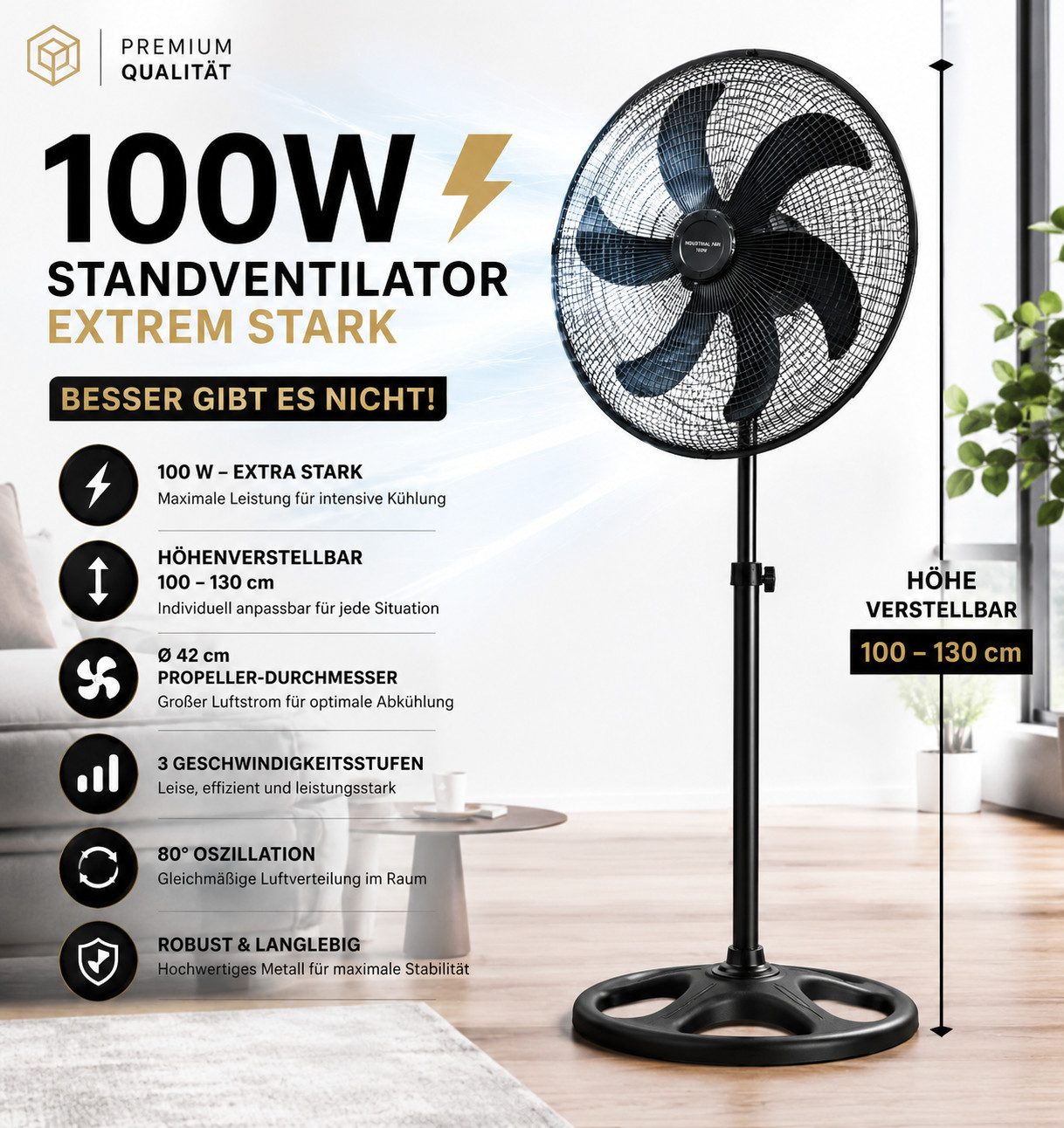 Ertex Standventilator Standventilator Ventilator Kühler 100W Standventilator 130cm STARK