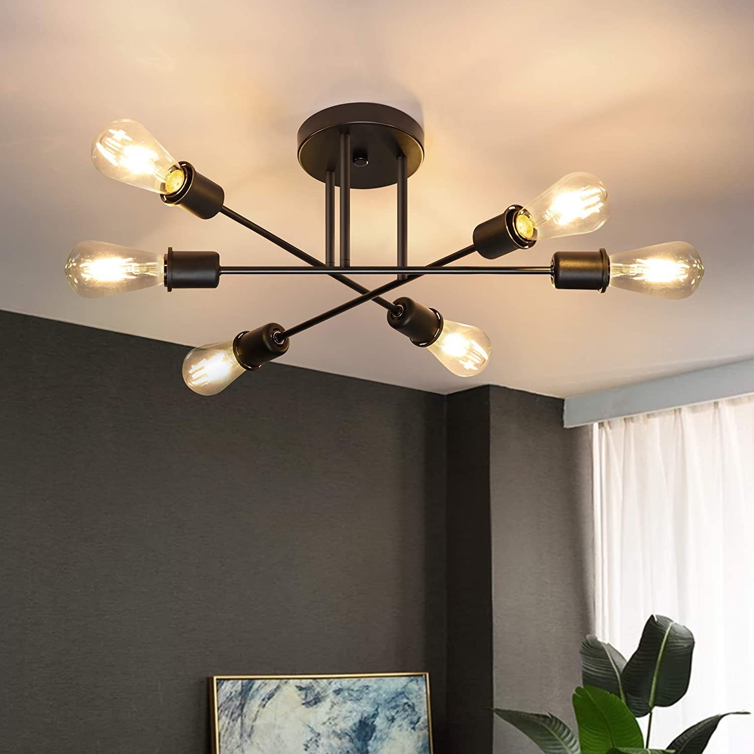 ZMH Deckenleuchte Deckenlampe Vintage Wohnzimmer E27, LED wechselbar, Warmweiß 6 Flammig Schwarz