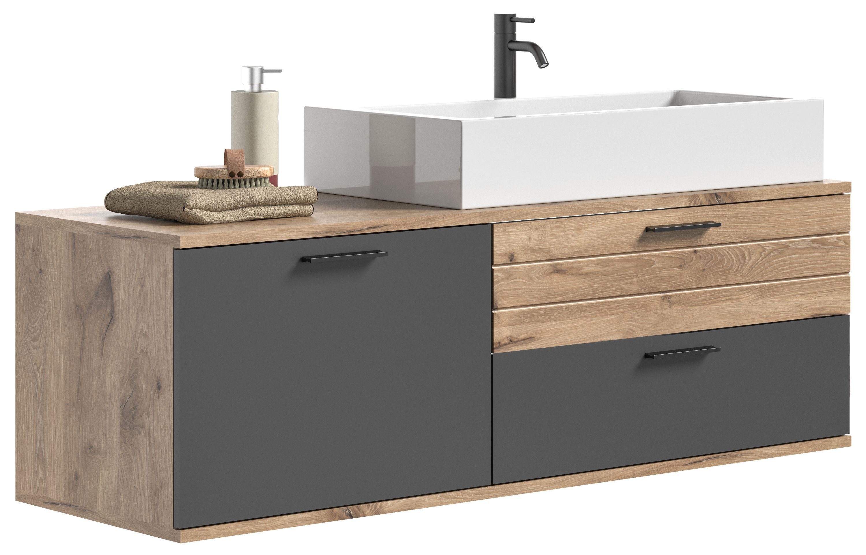 xonox.home Waschtisch-Set Mason, (2tlg. Set bestehend aus Waschtisch, Waschbecken), Nox Oak Nachbildung Basalt Grau Softclose Melamin Modern 140x62x48 cm