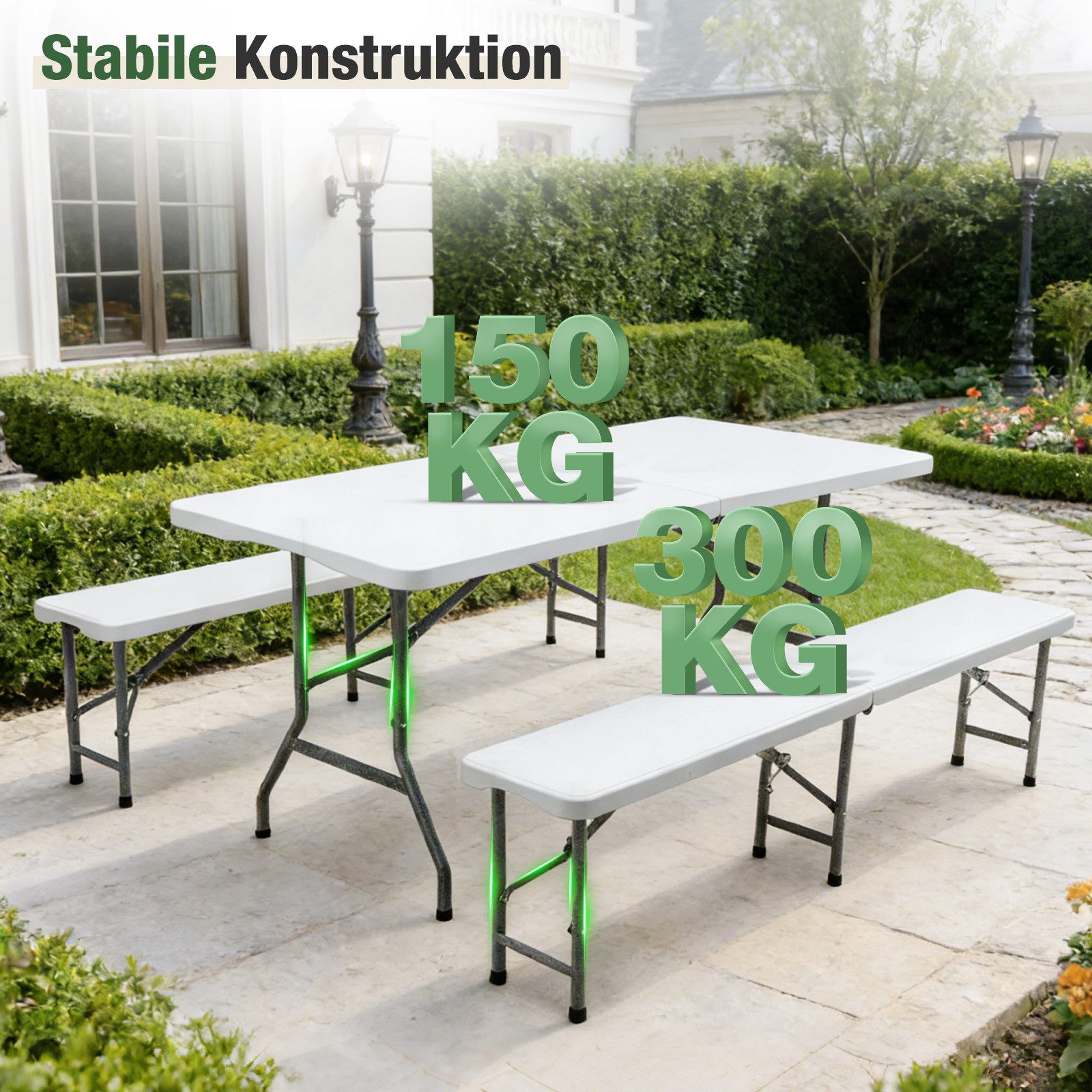 Sekey Bierzeltgarnitur Klappbar Bierzeltgarnitur 180cm Festzeltgarnitur Biertisch Set, 3-teilig, Tisch + 2 x Bierbank, Gartenmöbel Set