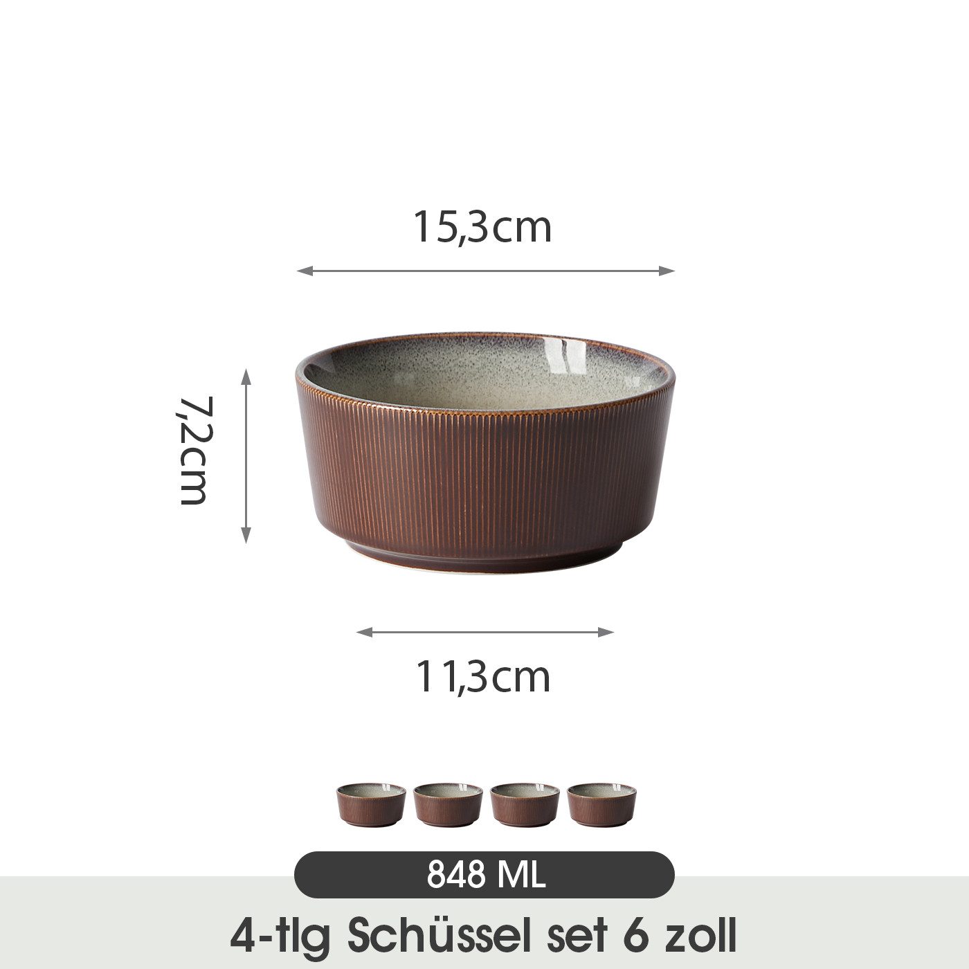 JIWOO Salatschüssel 4er Ø15,3cm, Müslischüssel Suppenschüssel Suppenschale Dessertschale, Keramik, (Set, 4-tlg), Bowl, Hochwertiges Schüssel Braun Mikrowellen spülmaschinenfest