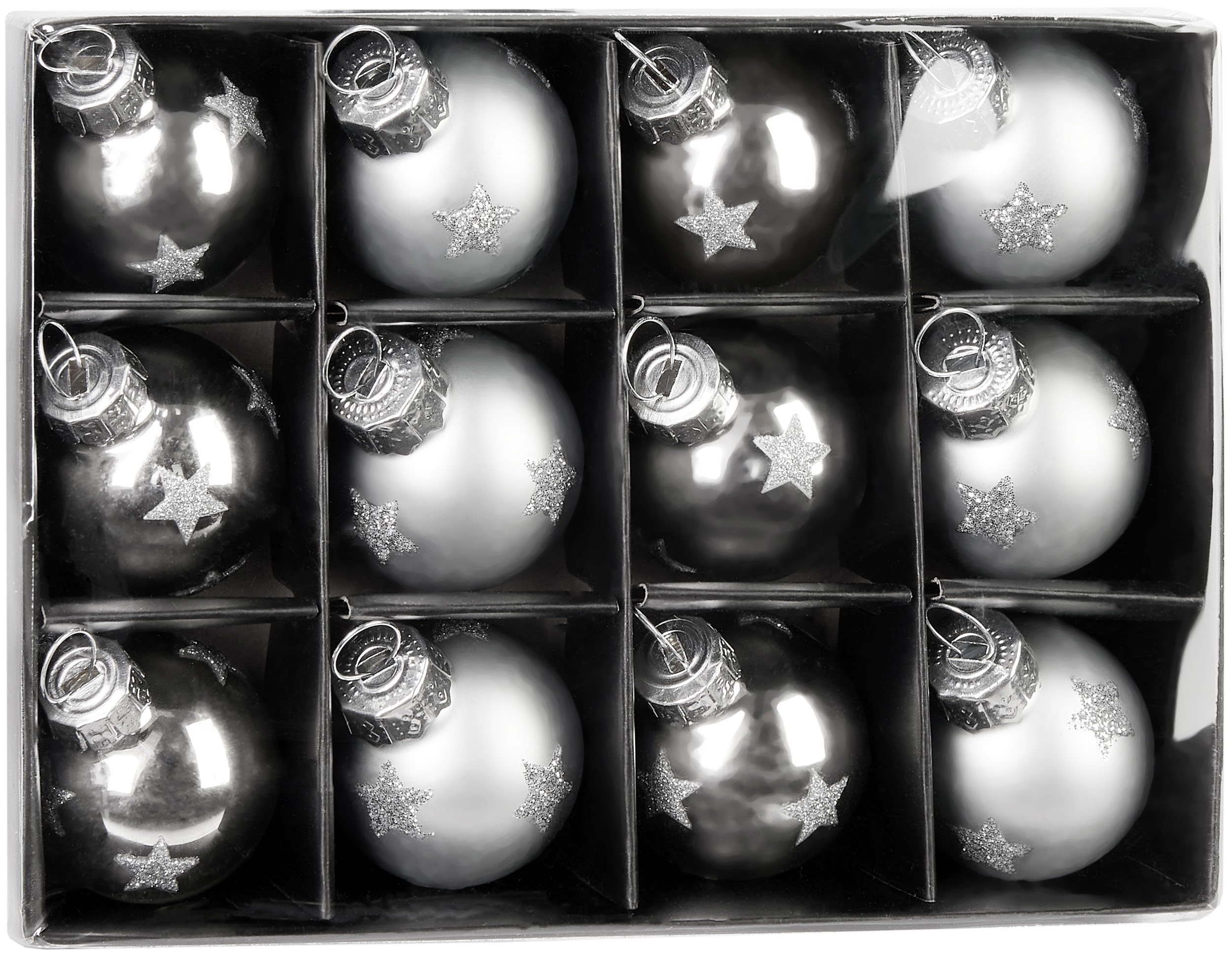 - für BRUBAKER 3 Weihnachtsbaum Weihnachtsdeko Handbemalter Baumschmuck Weihnachtsbaumkugel Weihnachtskugeln St), Set und (12 Kugeln - Baumkugel Mini Silber Glitzer Sternen cm mit
