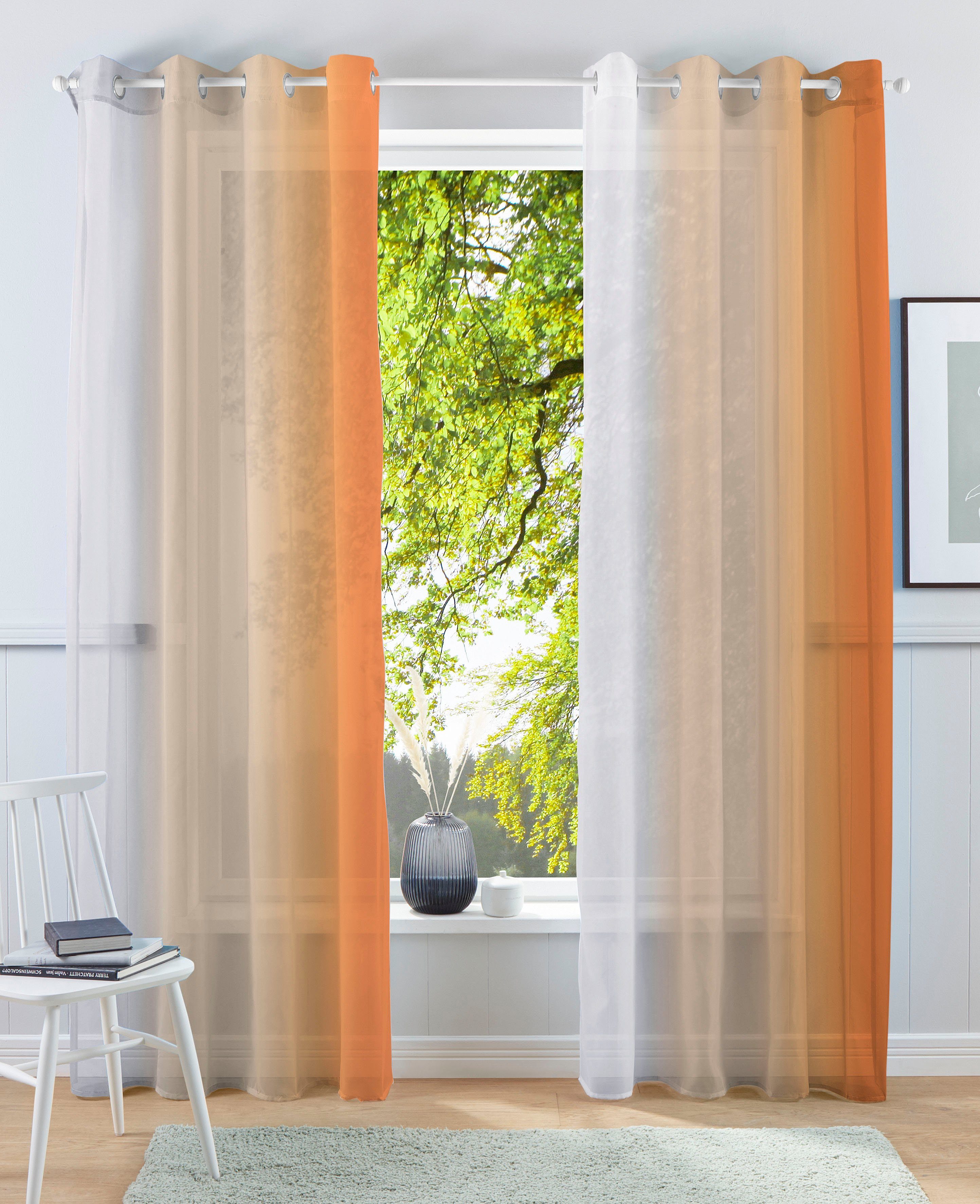 Vorhang, Fertiggardine, Voile, Gardine Valverde, (2 home, Ösen transparent Farbverlauf, transparent, my orange St),
