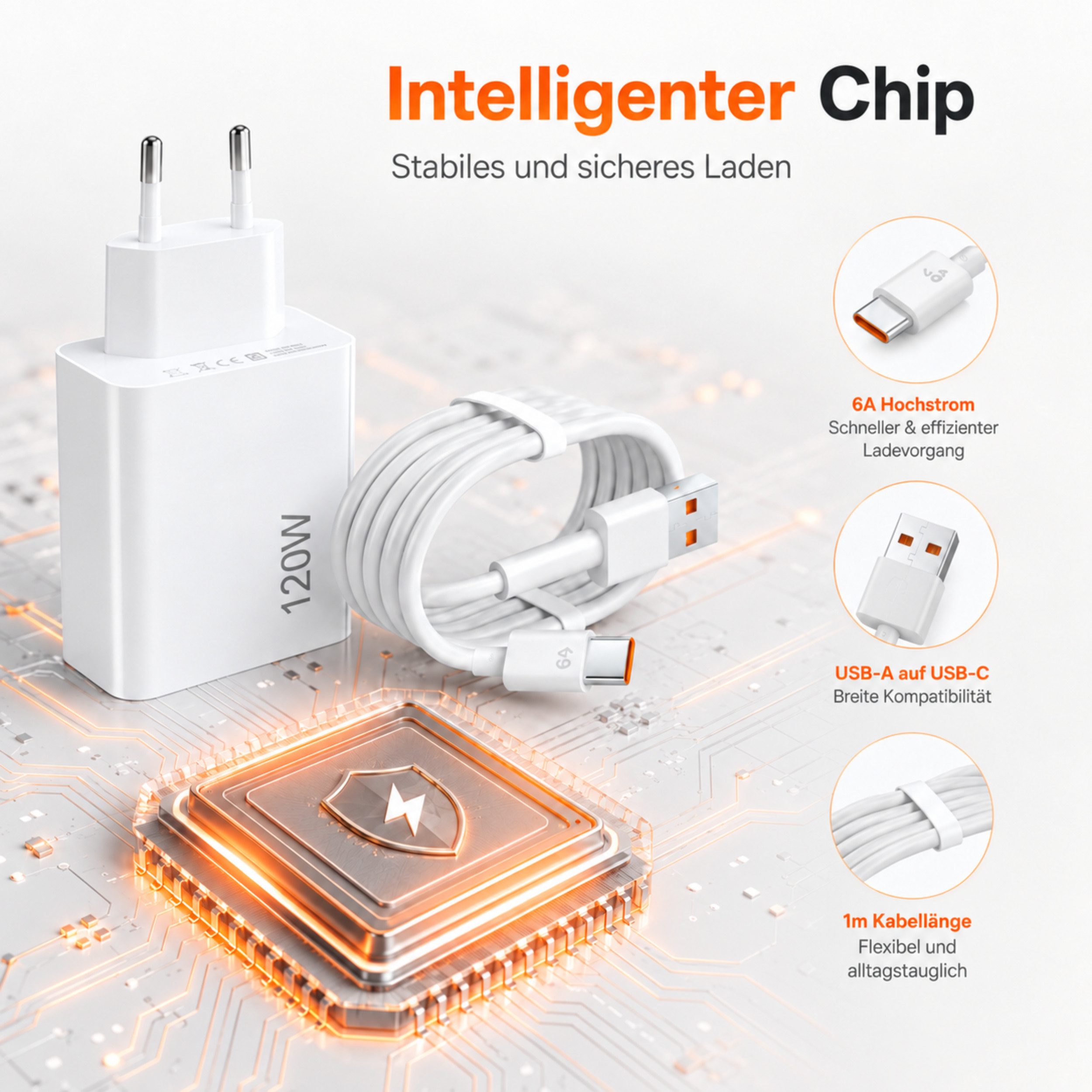 PlugUp 120W Hyper Charger Xiaomi USB-C Ladegerät 67W/90W/120W Smartphone-Ladegerät (6000 mA, Set, Inkl. 1m 6A USB-A auf USB-C Ladekabel, HyperCharger für Xiaomi – Bild 5 von 5
