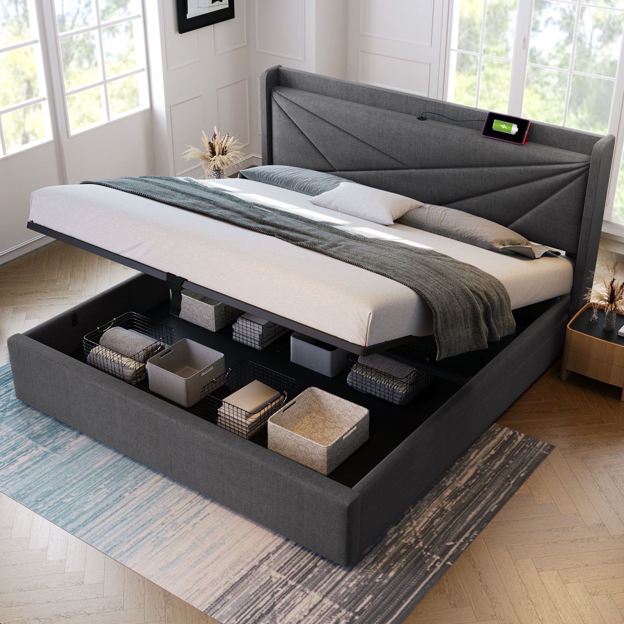 Polsterbett (Funktionsbett mit Lattenrost und Matratze), Stauraumbett 160x200cm mit USB Typ C Ladefunktion Kopfteil, Leinen