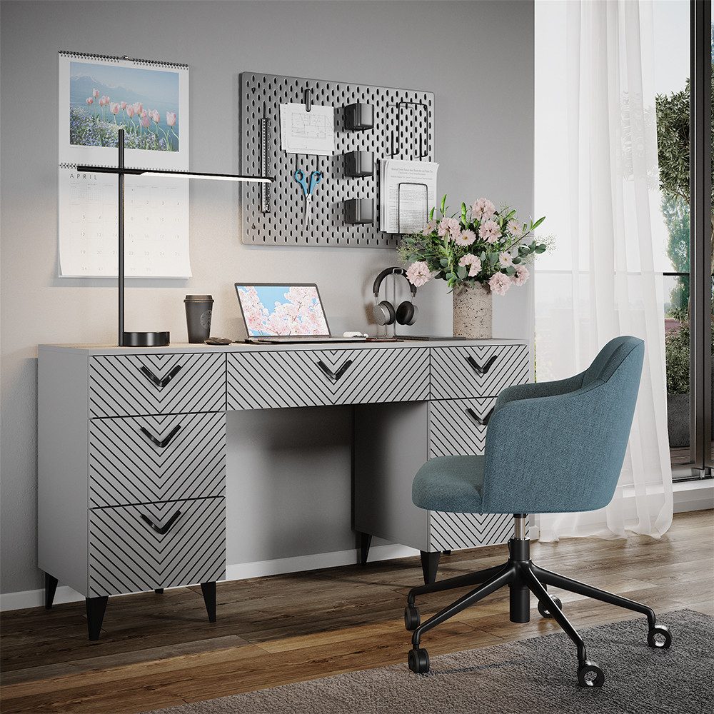 Vicco Schreibtisch Anett, Grau, 150 x 45 cm mit 7 Schubladen (1-St)