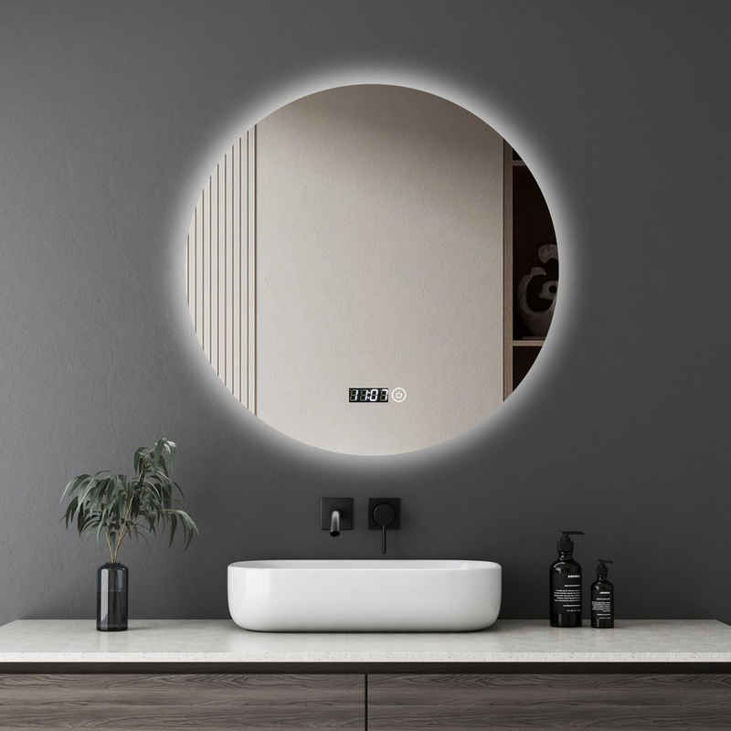 WDWRITTI Badspiegel Wandspiegel Rundspiegel Led Uhr 3 Lichtfarbe+ Helligkeit einstellbar (Badezimmerspiegel mit Beleuchtung, Rund Spiegel, Lichtspiegel, 60 x 60 cm), Speicherfunktion,energiesparender,IP44