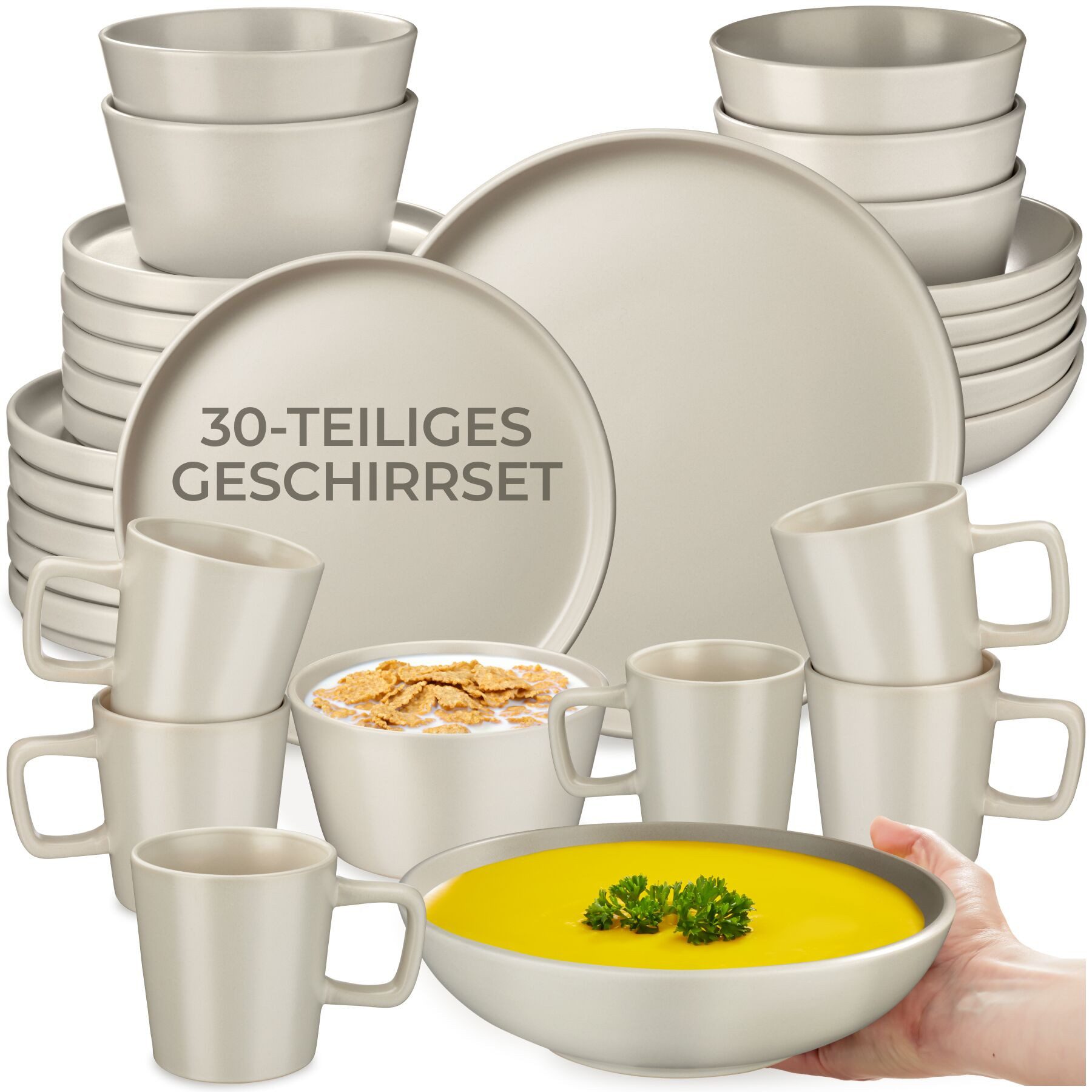 tectake Geschirr-Set Tafelservice aus Steingut für 6 Personen, ineinander stapelbar (30-tlg), 6 Personen, Steingut, im Urban-Style, mit Glasur, spülmaschinen- und mikrowellengeeignet
