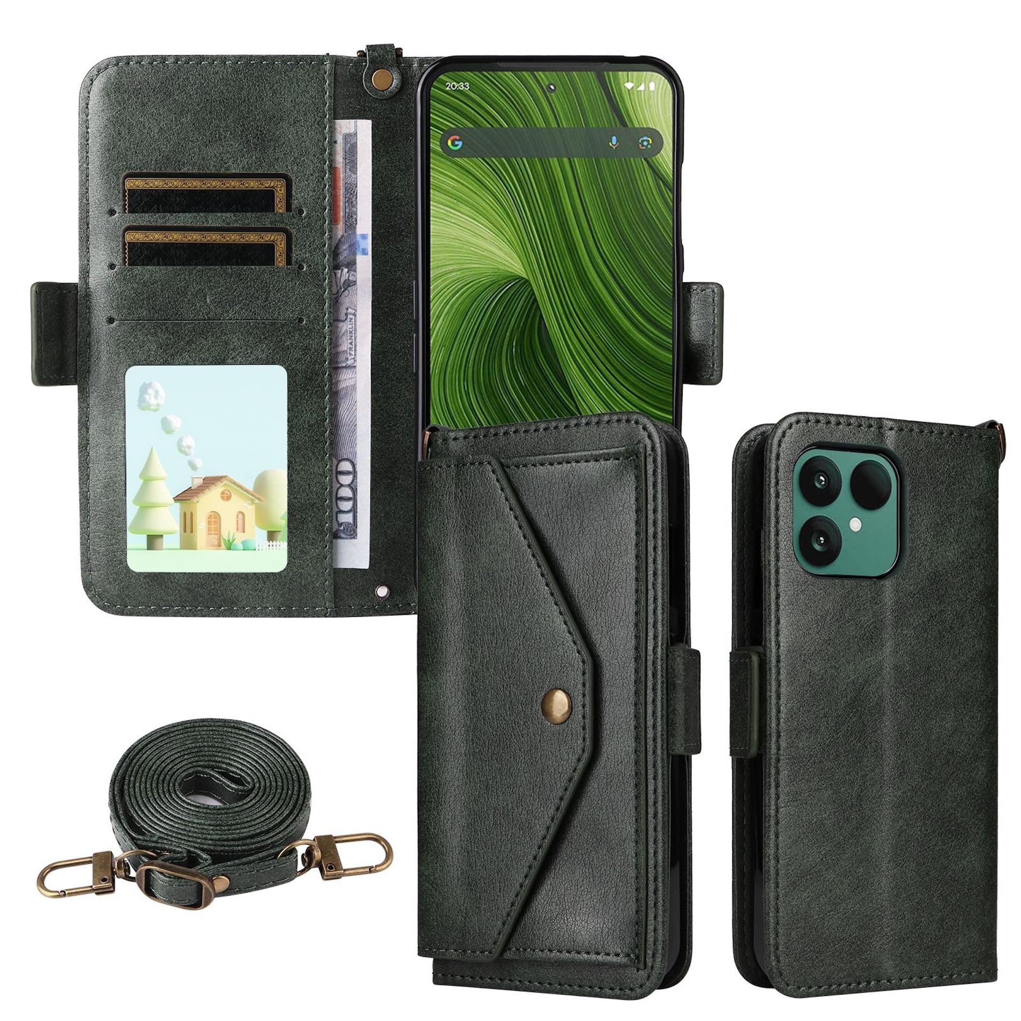 Wigento Smartphone-Hülle Für Fairphone 6 Crossbody Echtleder Kartenfach Schutz Hülle Grün, Mit Kartenfächern, Gurt, Standfunktion