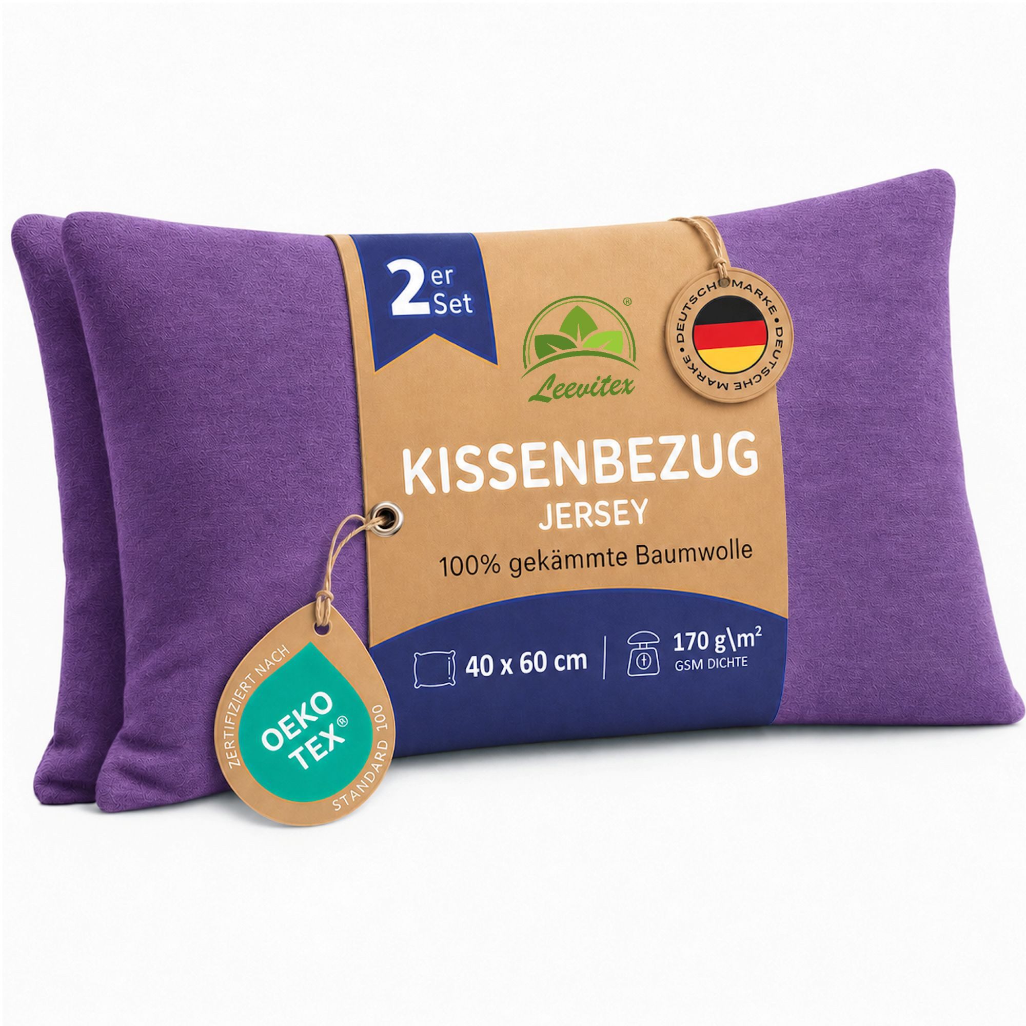 leevitex® Kissenbezüge Kissenbezug 40 x 60 cm, 2er Set, Lila/Pflaume, (2 Stück), feine Jersey-Qualität, 100% Baumwolle, robuster Reißverschluss
