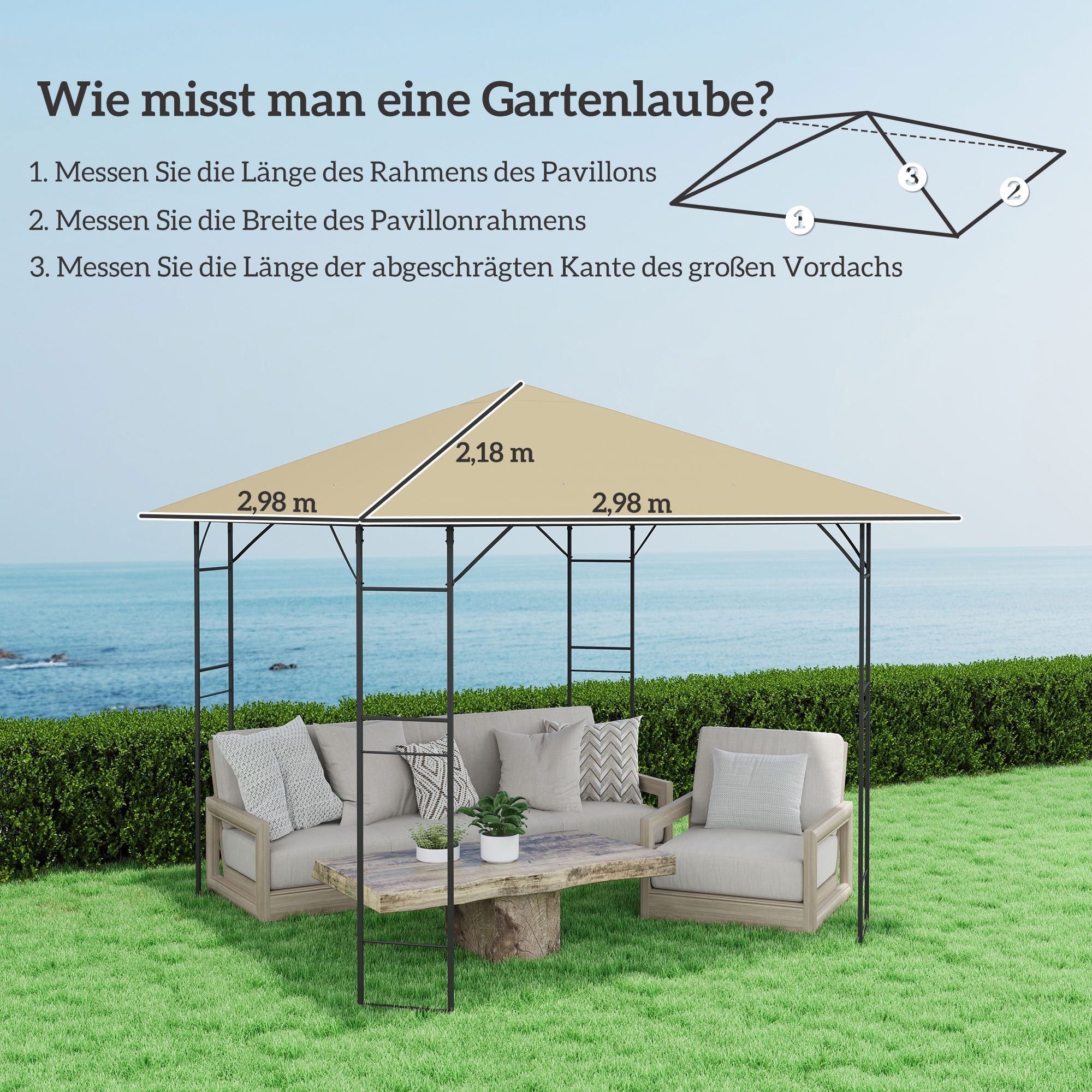 Outsunny Pavillon-Ersatzdach UPF30+, 370 g/m², 298 x 298 cm (wasserabweisend Pavillondach, Ersatzbezug), aus Oxford-Stoff, 370 g,m², Beige