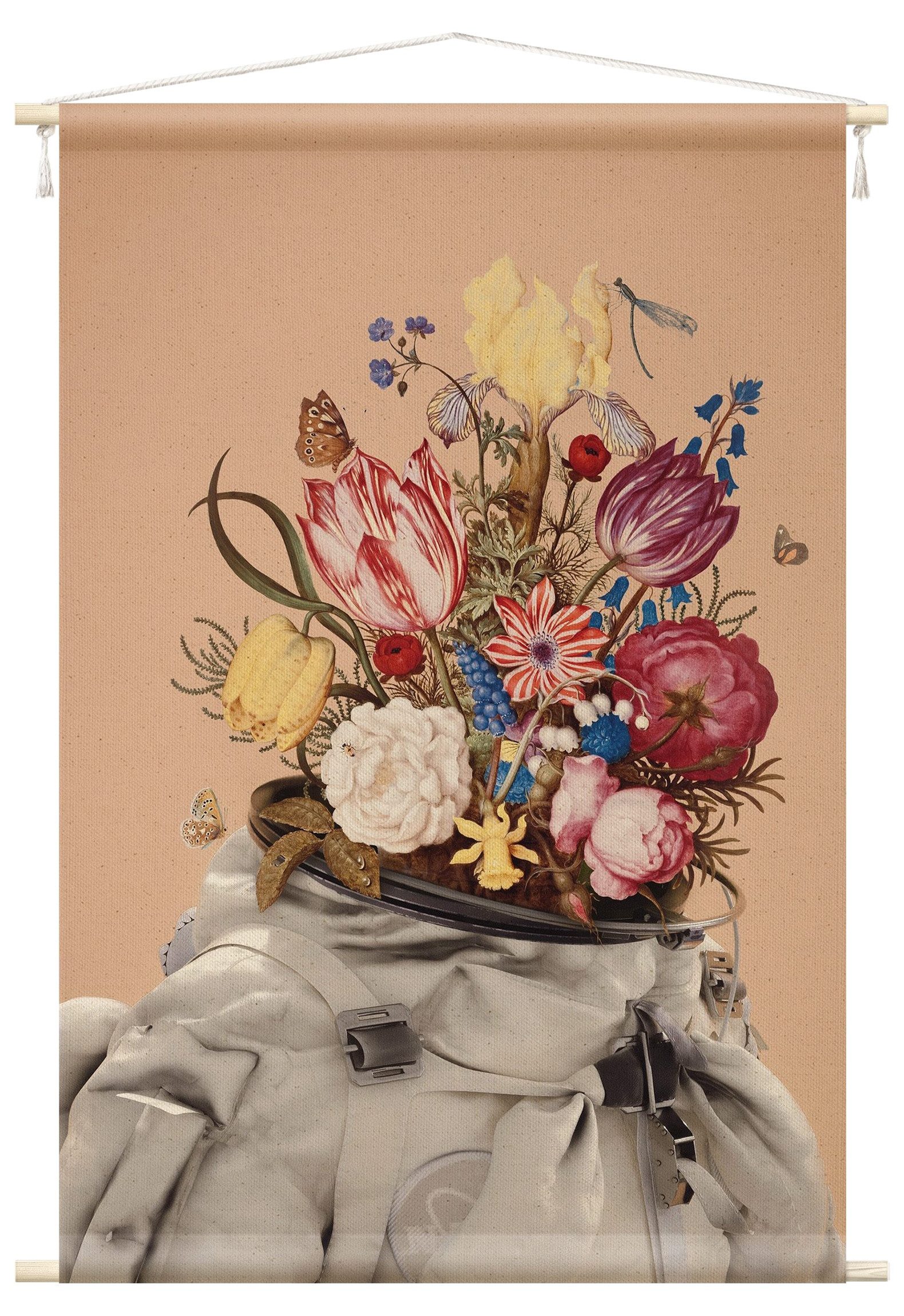 Wandteppich modern Blumen Astronautenanzug beige