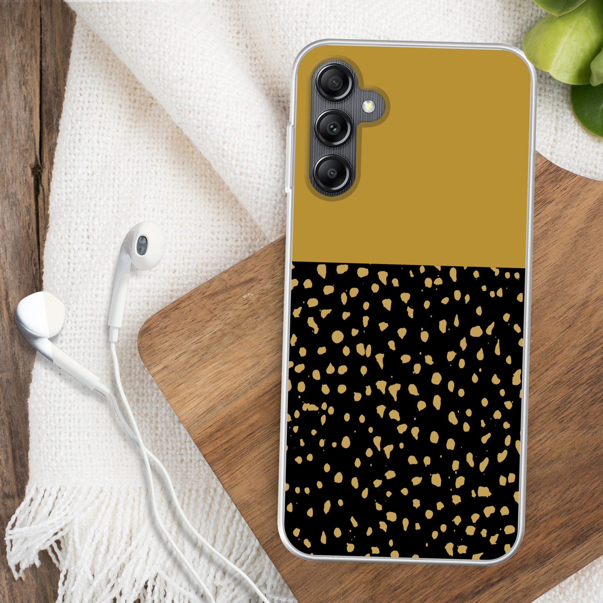 MuchoWow Handyhülle für Samsung Galaxy A14 5G Polka dots - Ockergelb - Schwarz, Smartphone-Bumper, Print, Handy Schutzhülle Dünn