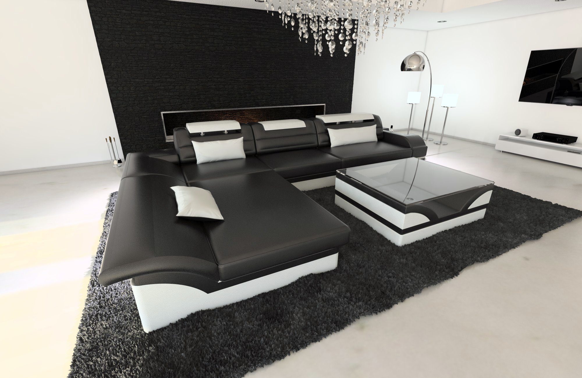 Sofa Dreams Ecksofa Monza L Form Leder Couch mit Ottomane und LED Beleuchtung, Couch, mit LED, wahlweise mit Bettfunktion als Schlafsofa, Designersofa