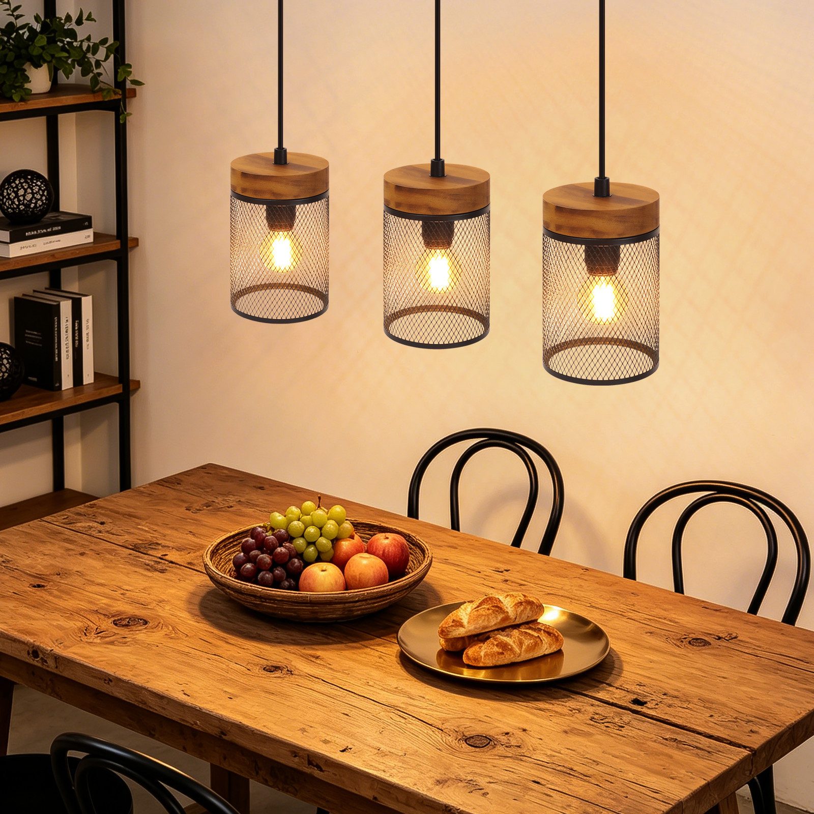 ZMH Pendelleuchte E14 Schwarz Holz Vintage 1/3/4 Flamming Retro Esstischlampe für Küche, ohne Leuchtmittel, Vintage Hängelampe 1 Flammig mit Gitter Lampenschirm