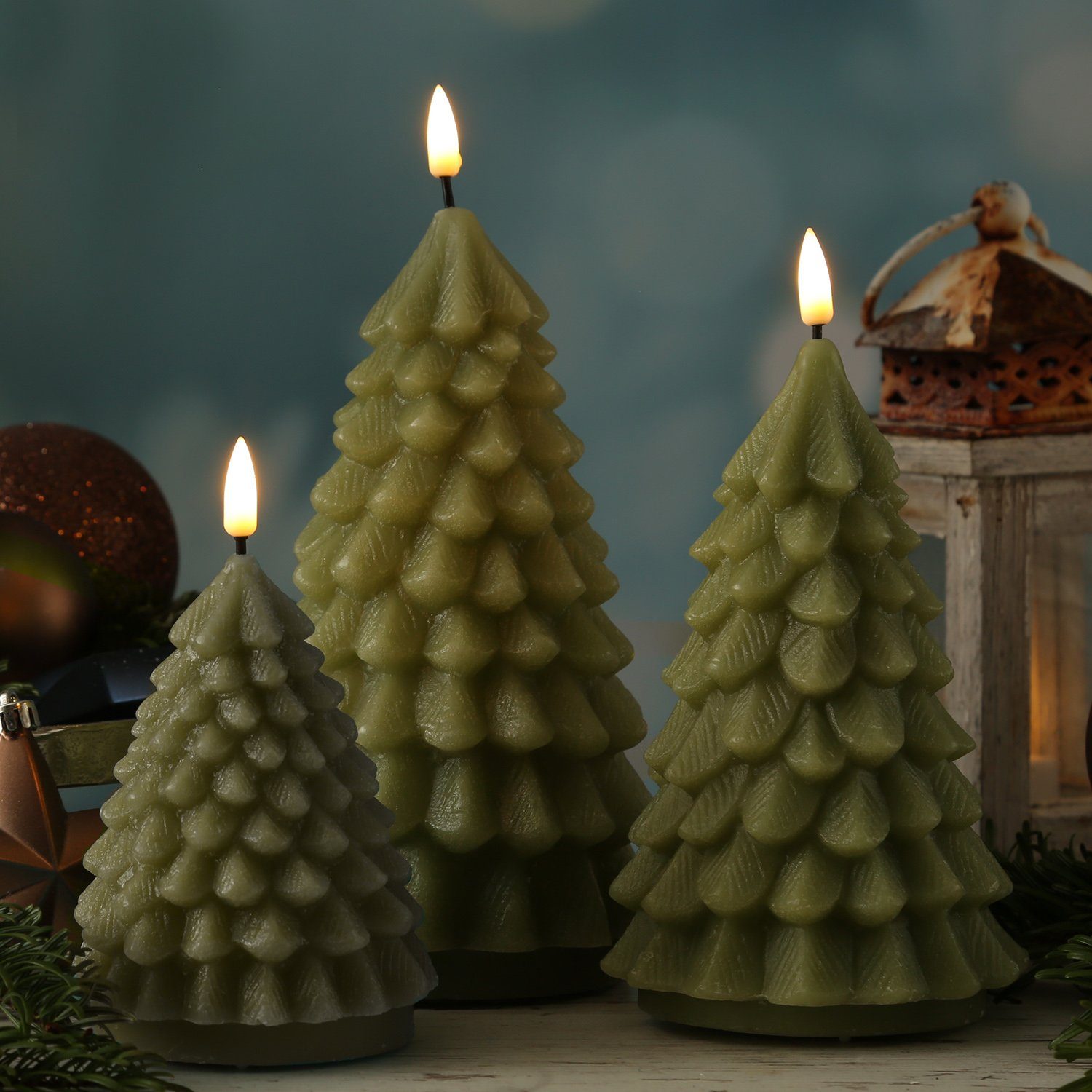 Deluxe Homeart LED-Kerze Tannenbaum Weihnachtsbaum Deluxe Echtwachs flackernd H: 18cm hellgrün, LED Classic, warmweiß (2100K bis 3000K)