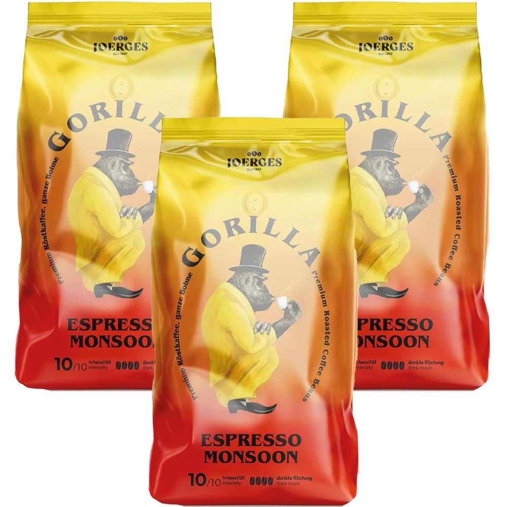 Gorilla Kaffee Joerges Espresso Monsoon 3x1kg Bohnen 100% Robusta Kaffeebohnen, 3 x 1000 g, würzige, schokoladige und nussige Note
