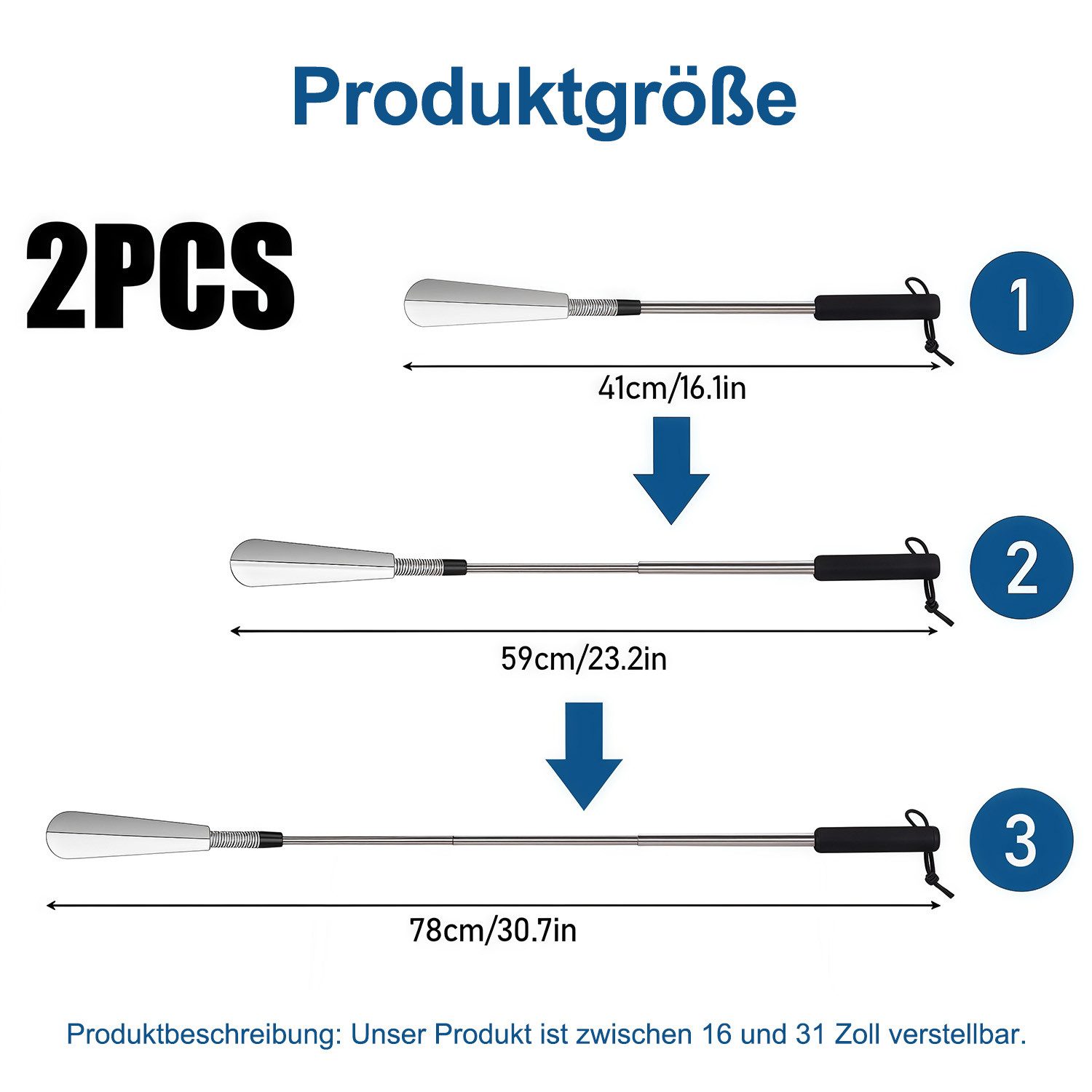 MOPUEA Schuhlöffel Schuhanzieher mit langem Griff 41cm bis78cm verstellbarer Expander (Set, 2-tlg., Einstellbare Länge für jeden Benutzer), Praktische Aufbewahr – Bild 3 von 5