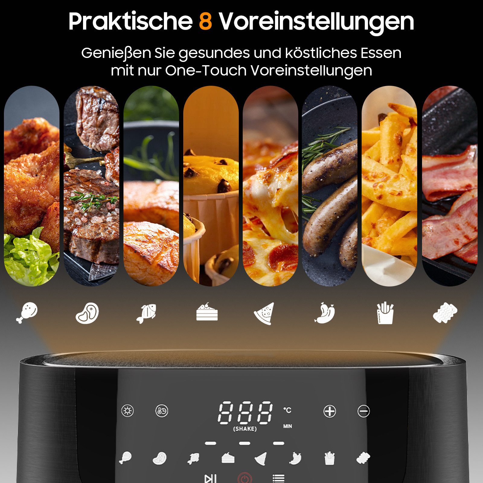 AIMAX Heißluftfritteuse AF‑ZE8007 XXL Airfryer 9L, 8 Prog., Sichtfenster, 200°C, 1800 W, Touch-Bedienung, spülmaschinenfest, Rezept – Bild 4 von 5