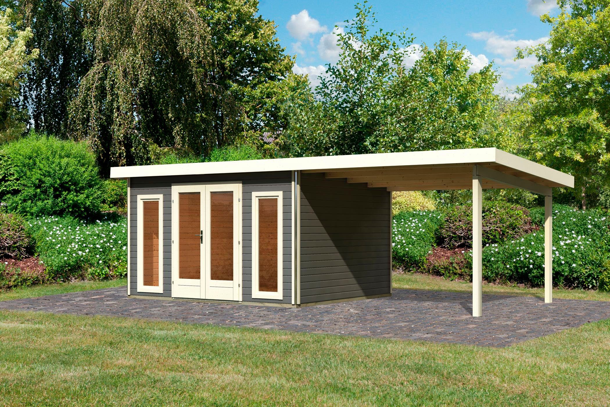 Karibu Gartenhaus Rabensee 2, BxT: 724x331,5 cm, (Set), mit Anbaudach 3,3 m, terragrau