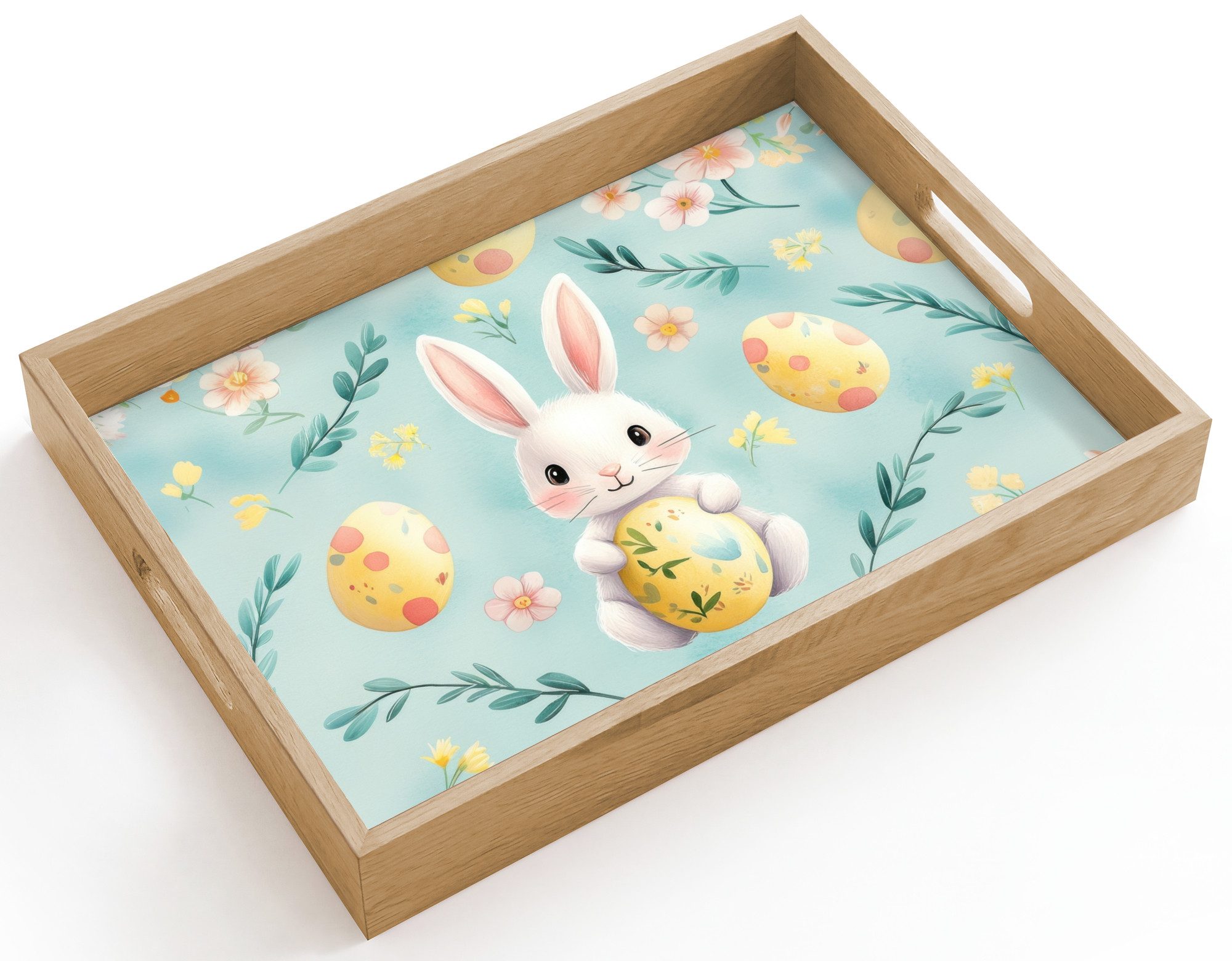 OnlyWow Tablett Rechteckig mit Henkel Kaninchen - Eier - Äste, Eichenholz, (1-tlg), Siervierplatte, Tray, Frühstücksbrett