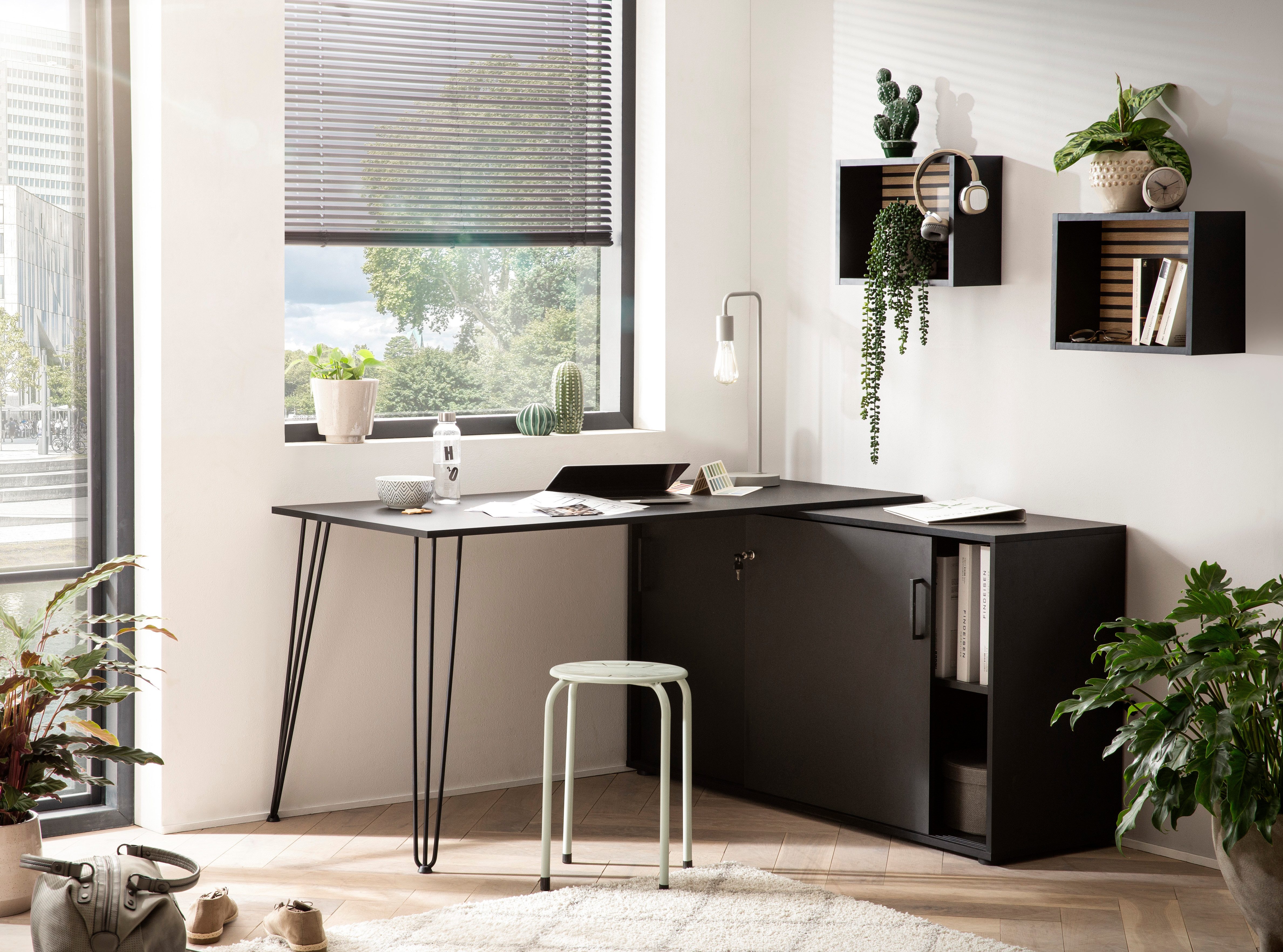 welltime Eckschreibtisch Ekko, Breite 130 cm, Metallbeschläge, Haarnadelfüß günstig online kaufen