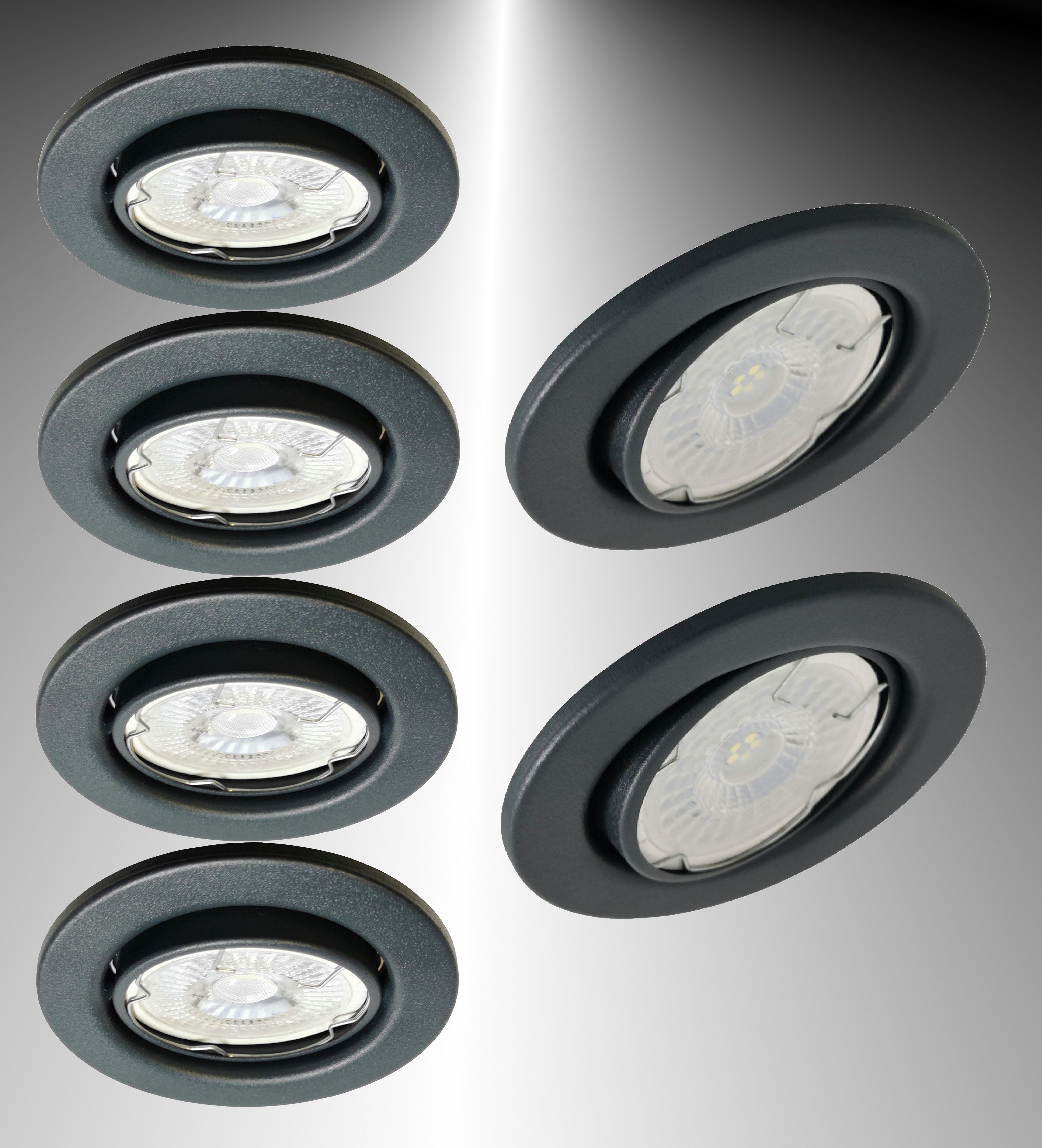 TRANGO LED Einbauleuchte, 6er Set 6729-061MCOB LED Einbaustrahler in Anthrazit matt schwenkbar inkl. 6x 5 Watt 3000K warmweiß Ultra Flach LED Modul, Einbauspots, Deckenstrahler, Badleuchte, Deckenleuchte, Deckenspot, Downlight
