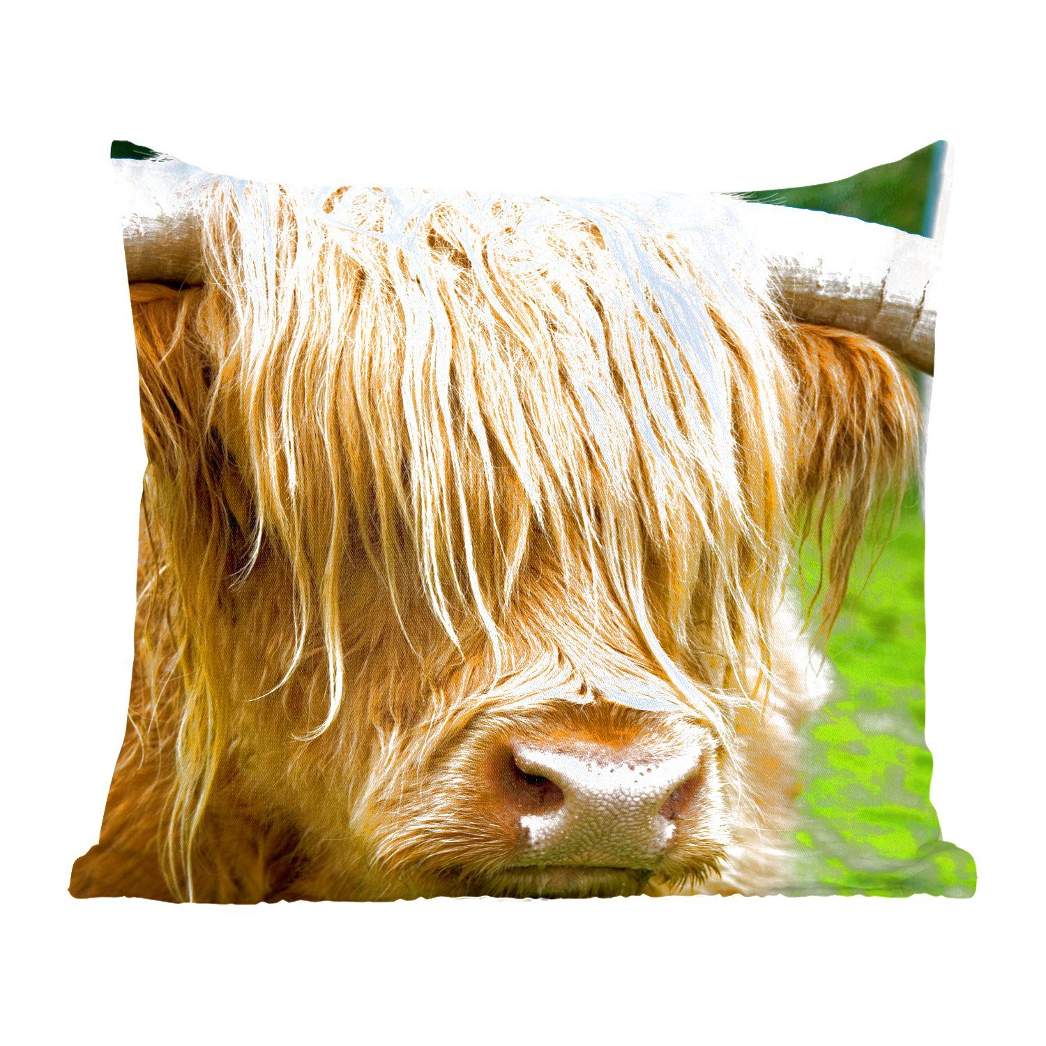 Kuh, Wohzimmer, Dekokissen Schottischer Füllung Gras Fell Schlafzimmer, Sofakissen Tiere Zierkissen Deko, für - Highlander - - mit - MuchoWow