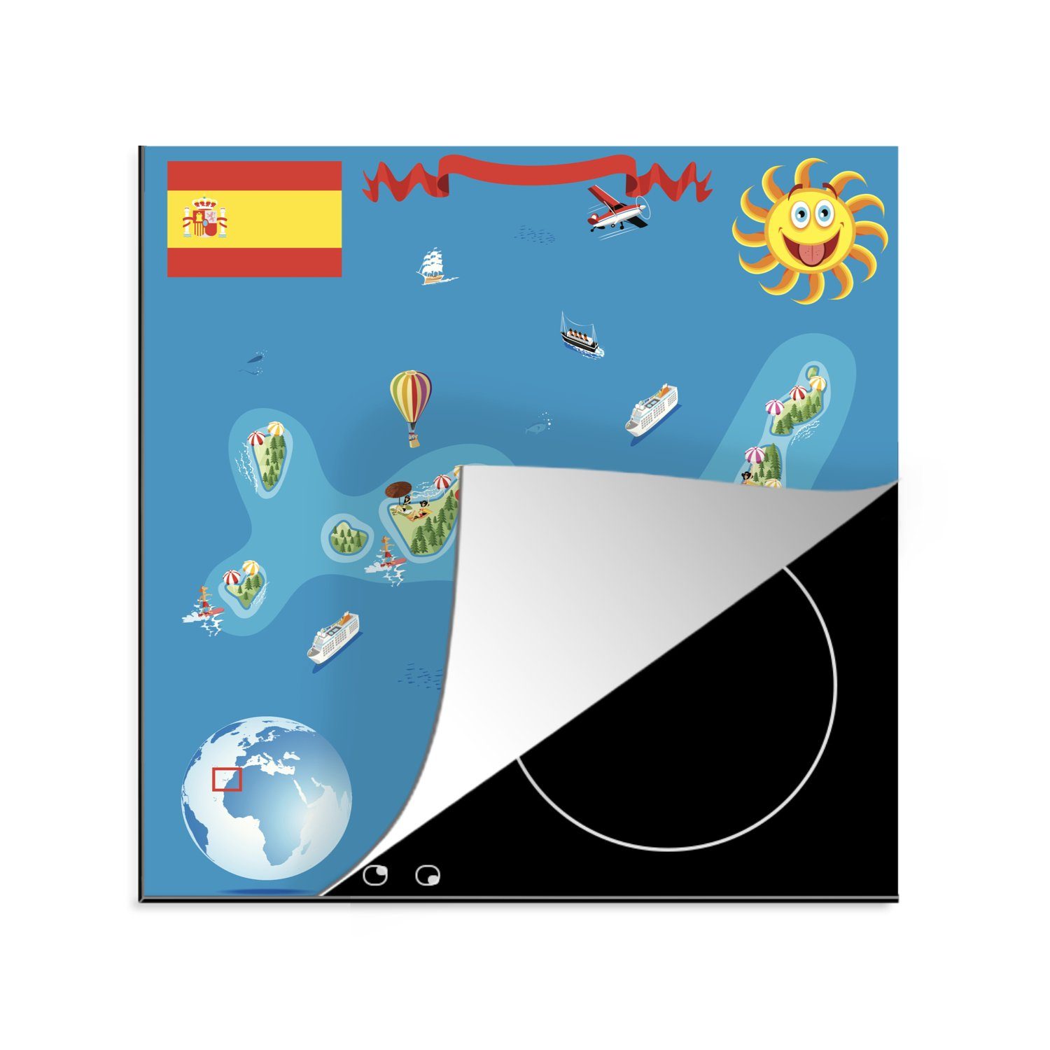 MuchoWow Herdblende-/Abdeckplatte Eine Cartoon-Illustration der Kanarischen Inseln, Vinyl, (1 tlg), 78x78 cm, Ceranfeldabdeckung, Arbeitsplatte für küche