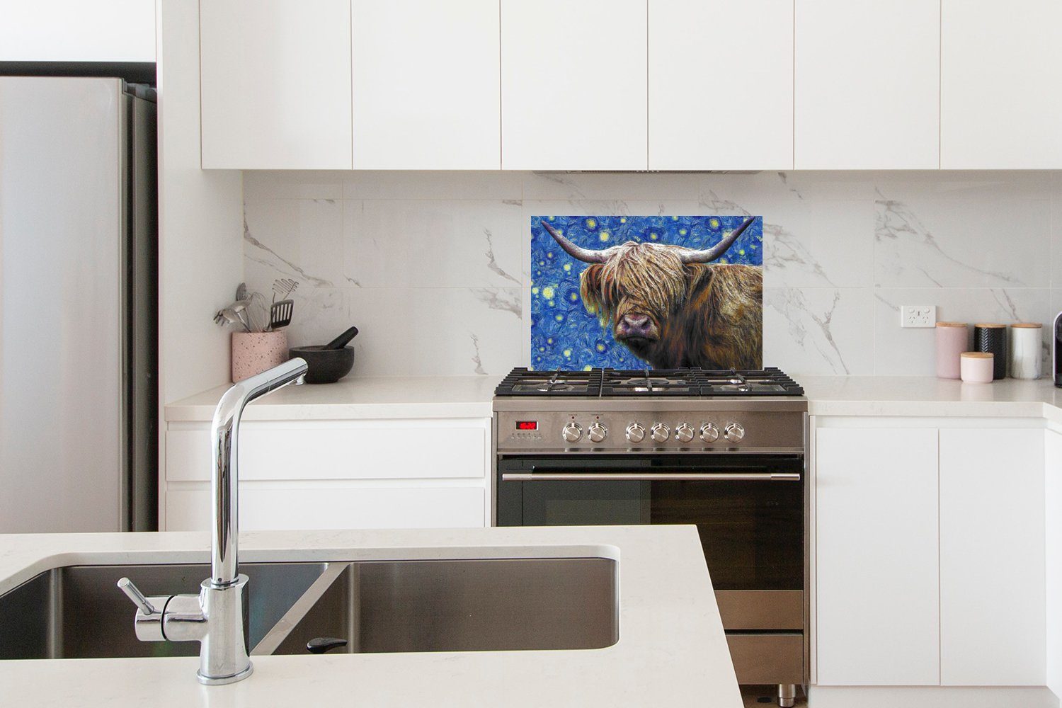 cm, Schottischer - Küchenrückwand Highlander, Gogh Wandschutz, 60x40 Sternennacht aus Temperaturbeständig (1-tlg), Herdblende Van - küchen MuchoWow