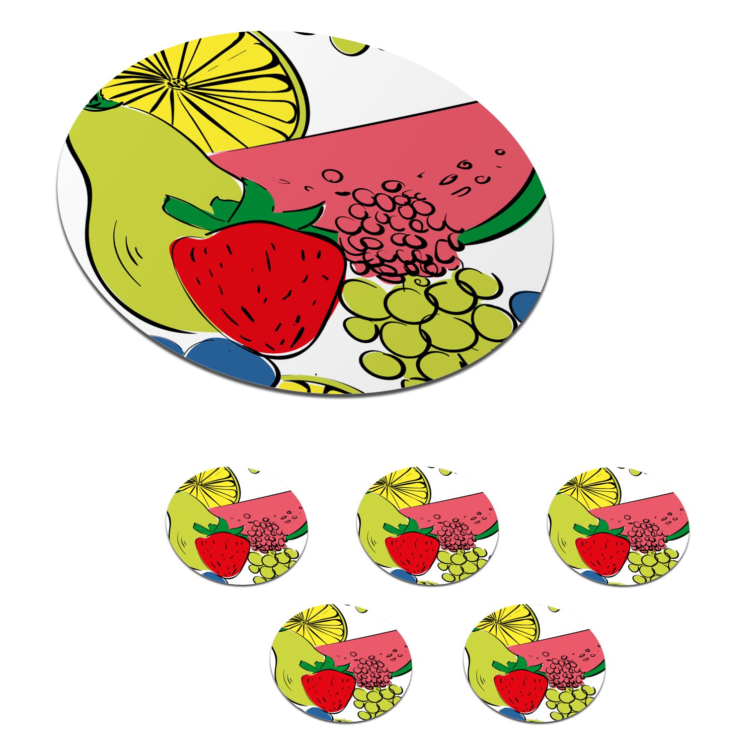 MuchoWow Glasuntersetzer Obst - Cartoon - Muster, Zubehör für Gläser, 6-tlg., Getränkeuntersetzer, Tassenuntersetzer, Korkuntersetzer, Tasse, Becher