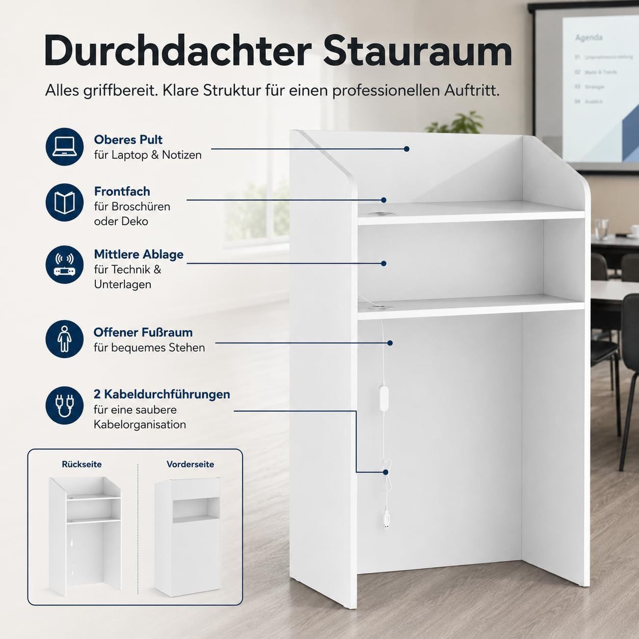 FUFU&GAGA Empfangstheke mit 2 Schränken und 1 Tastaturschublade, 150 x 52 x 100 cm, weiß – Bild 5 von 5