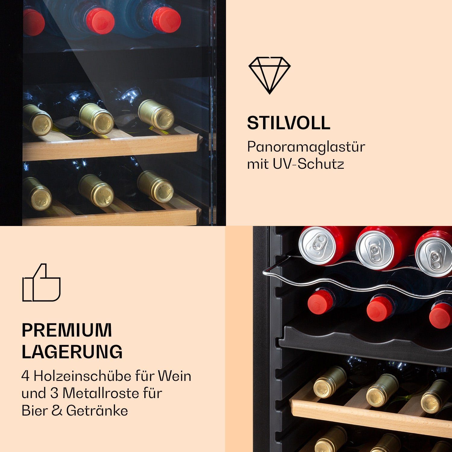 Klarstein Weinkühlschrank Bodega 27 Duo+, Duo Flaschenkühlschrank Wein Zonen Getränke Weintemperierschrank 0,75l,2 á 27 Standardflaschen für