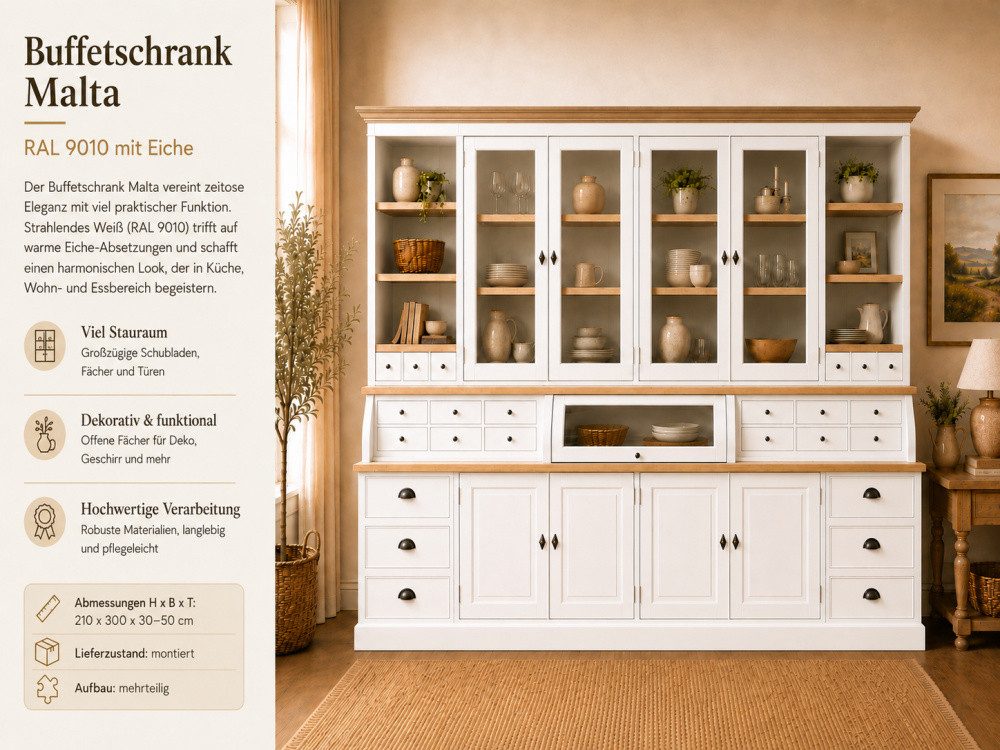Wohnpalast Buffet Landhaus Buffet Schrank Malta Ladenschrank weiss mit Eiche 300 cm