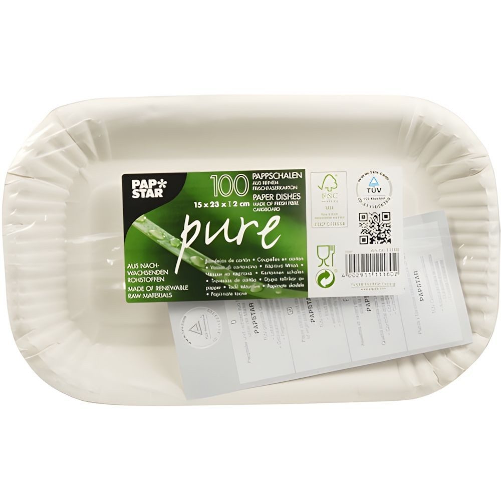 PAPSTAR Einwegschale Schalen, Pappe pure eckig 15 cm x 23 cm x 2 cm weiss 100 Stk, Pappe aus Frischfaser