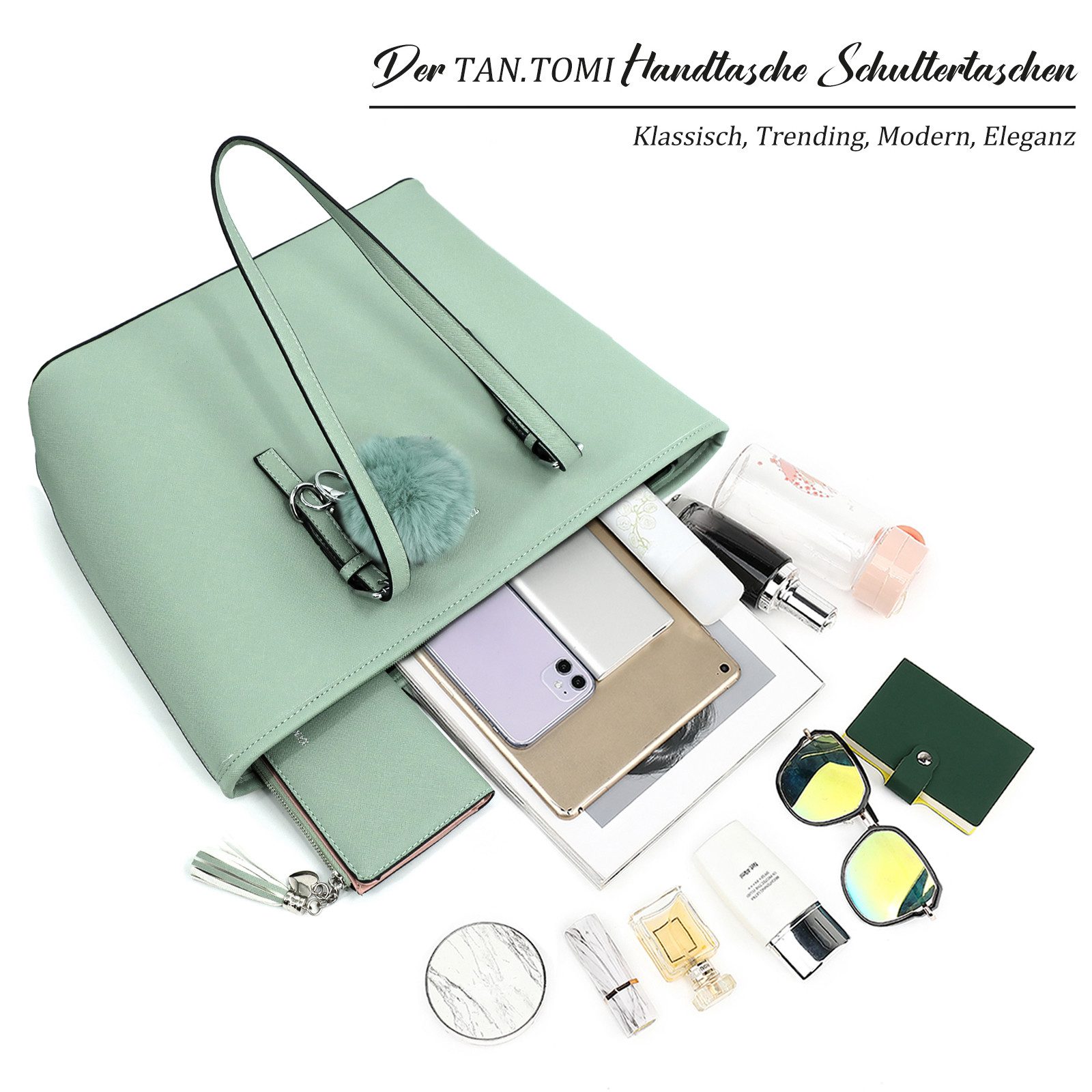 TAN.TOMI Shopper Handtasche Damen mit Geldbörse und Schlüsselanhänger, Groß Damen Handtasche, Geschenke für Frauen in schlichter Optik – Bild 4 von 5
