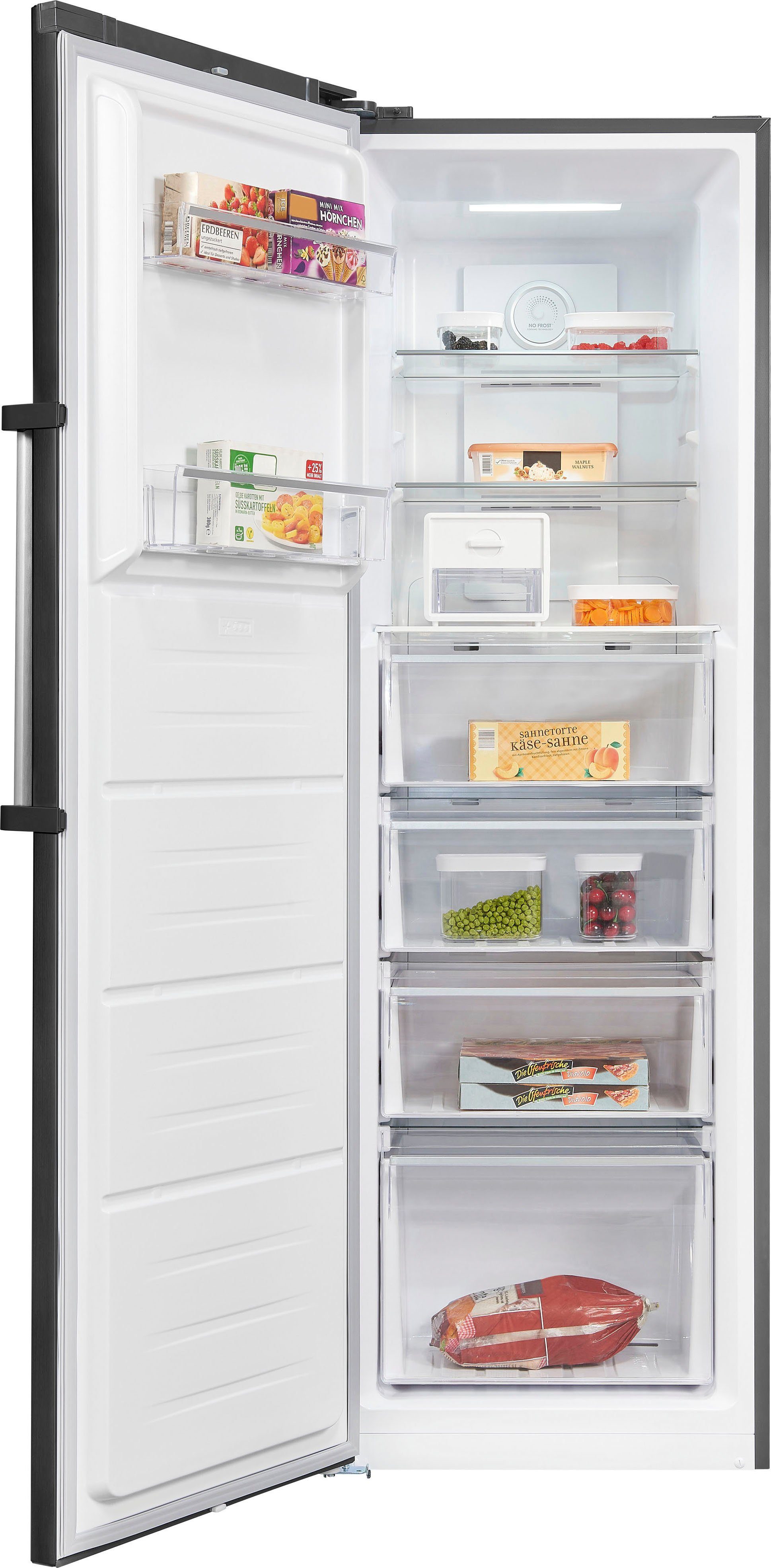 exquisit Gefrierschrank GS295-NF-H-040D, 185 cm hoch, 60 cm breit, 4*-Gefrierschrank NoFrost mit LED-Anzeige&Ice-Maker für schnelles Eis