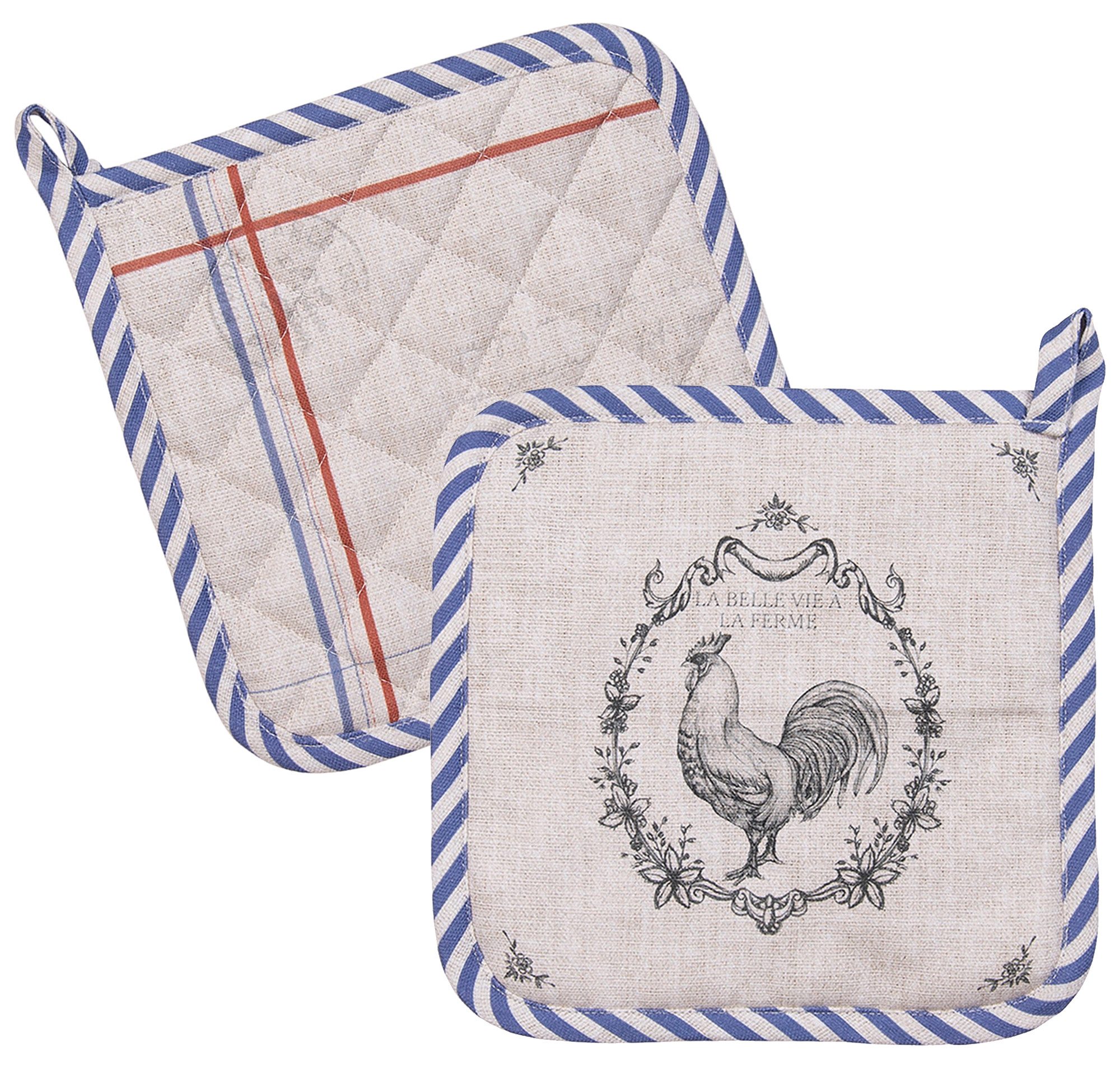 Clayre & Eef Topflappen Devine French Rooster, (Set, 2-tlg., 2-teilig), hitzebeständig wattiert Pfannen Untersetzer ca.20x20cm