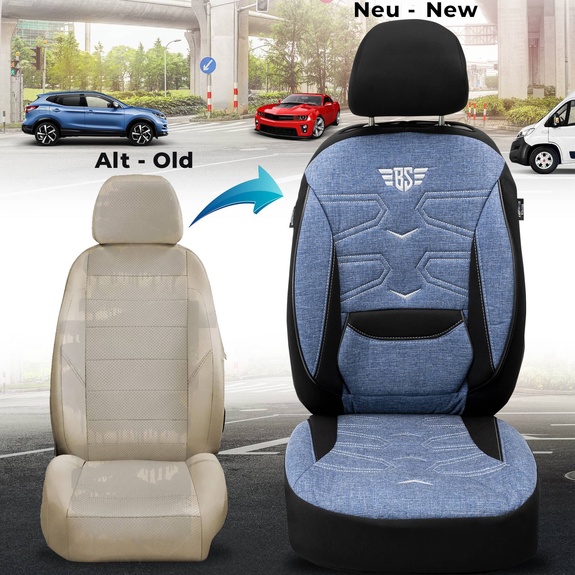 BREMER SITZBEZÜGE Autositzbezug für Maserati Quattroporte 6 Bj ab 2012 (KT306), Set, 2-tlg., Schonbezüge Sitzbezüge Fahrer und Beifahrer, in Schwarz/Blau