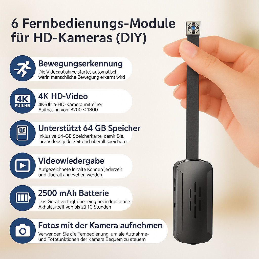 SpionProfi Überwachungskamera 64GB 4K Mini Kamera Video Foto Bild Aufnahme Überwachung (1-tlg., 4k Mini Knopf 64GB Kamera Spycam Versteckte Spion Cam)
