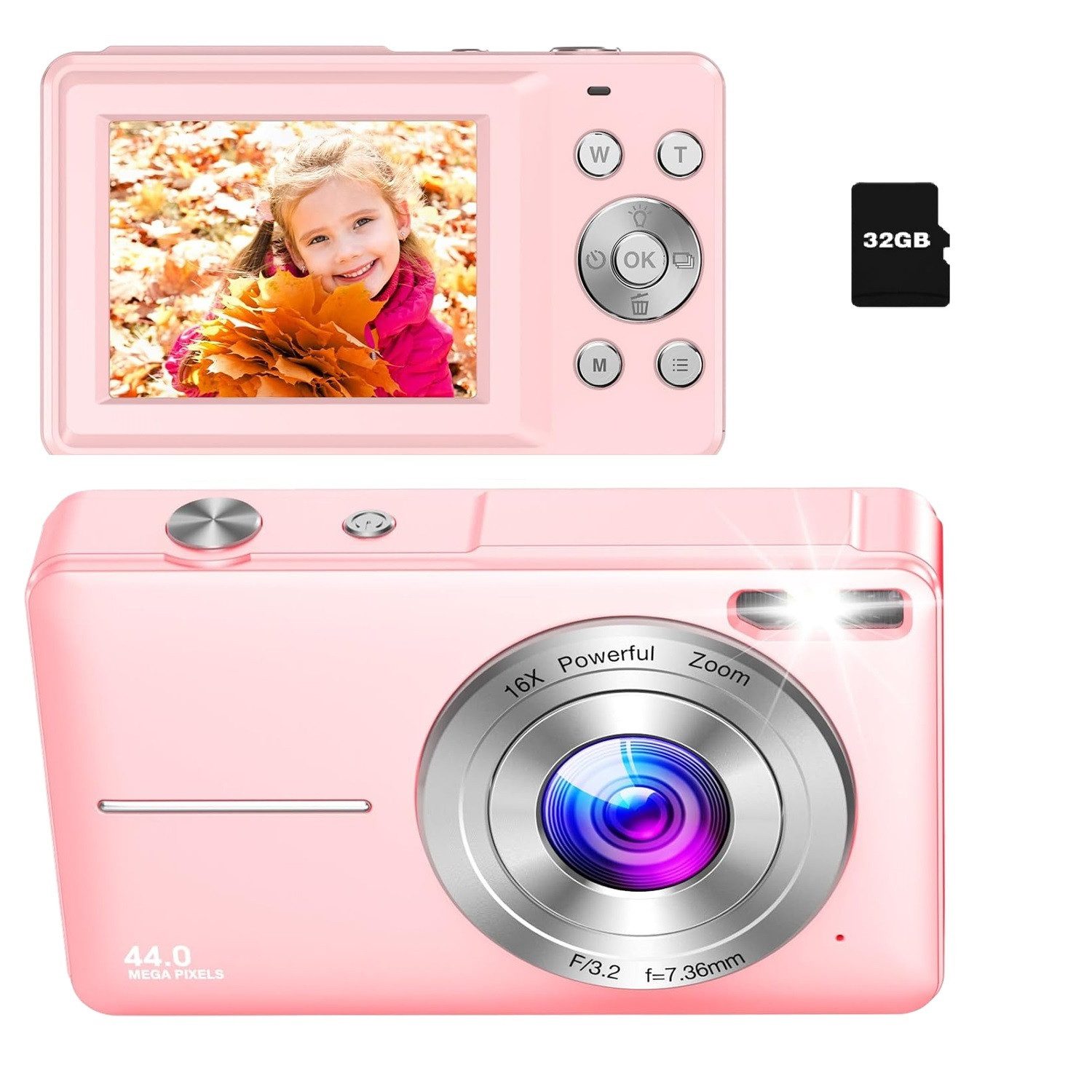 AKKEE Digitalkamera 1080P 44MP Kompaktkamera mit 32G Karte 16X Digitalzoom Kompaktkamera (44 MP, Anti-Shake, Serienaufnahmen, Timer-Aufnahme, Gesichtserkennung)